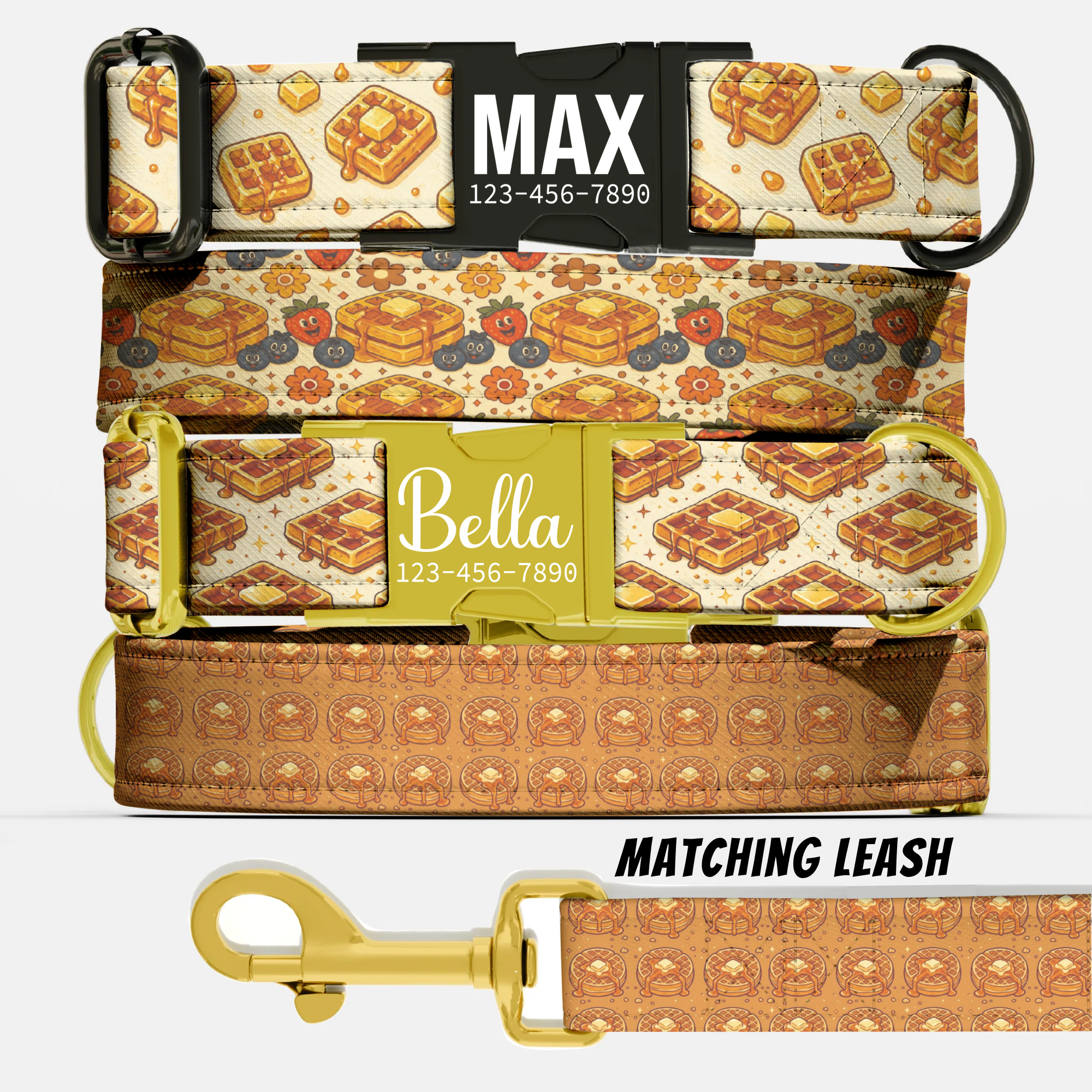 Waffle & Maple Pattern Personalized Dog Collar & Leash Set