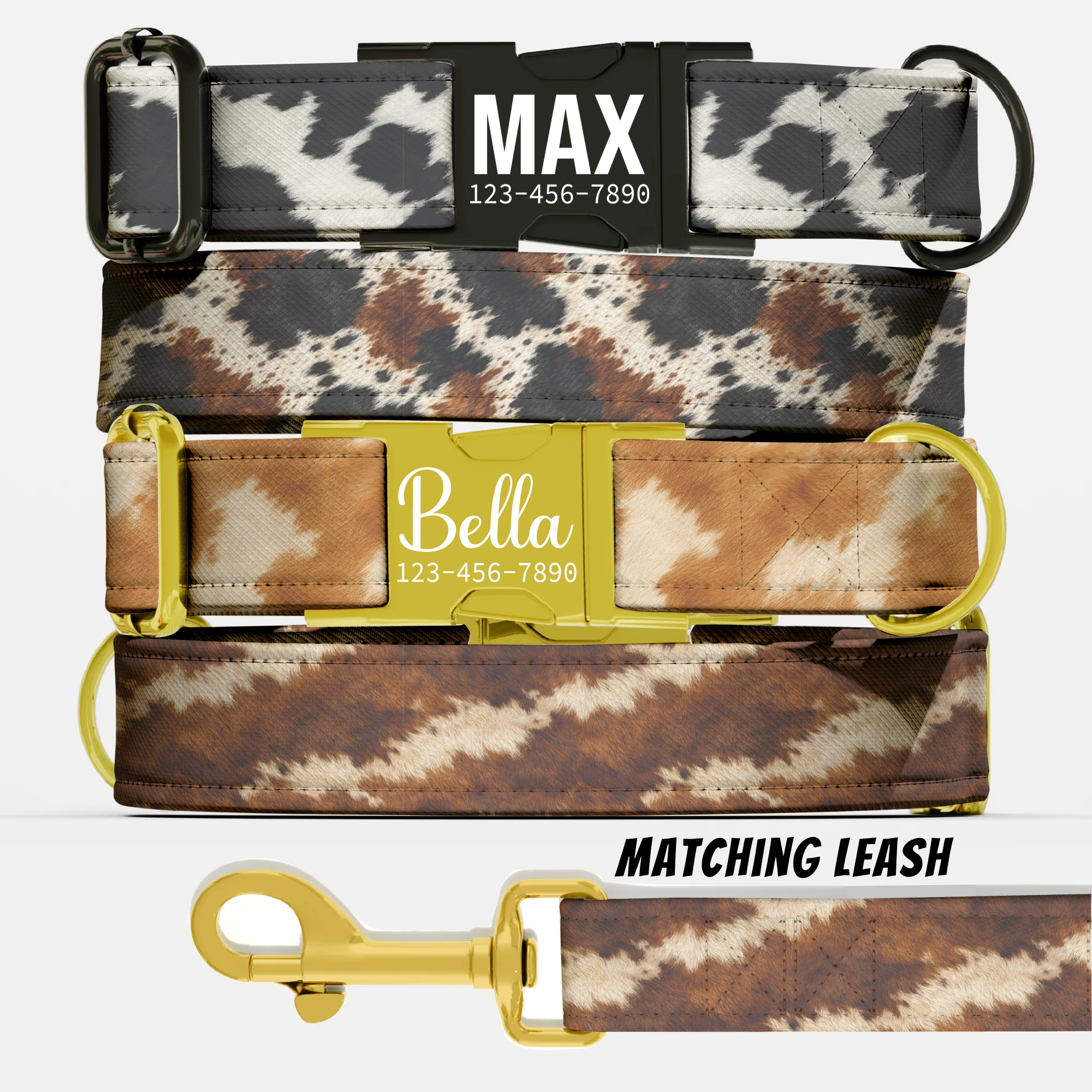 Cow Print Personalized Dog Collar  & Leash Set