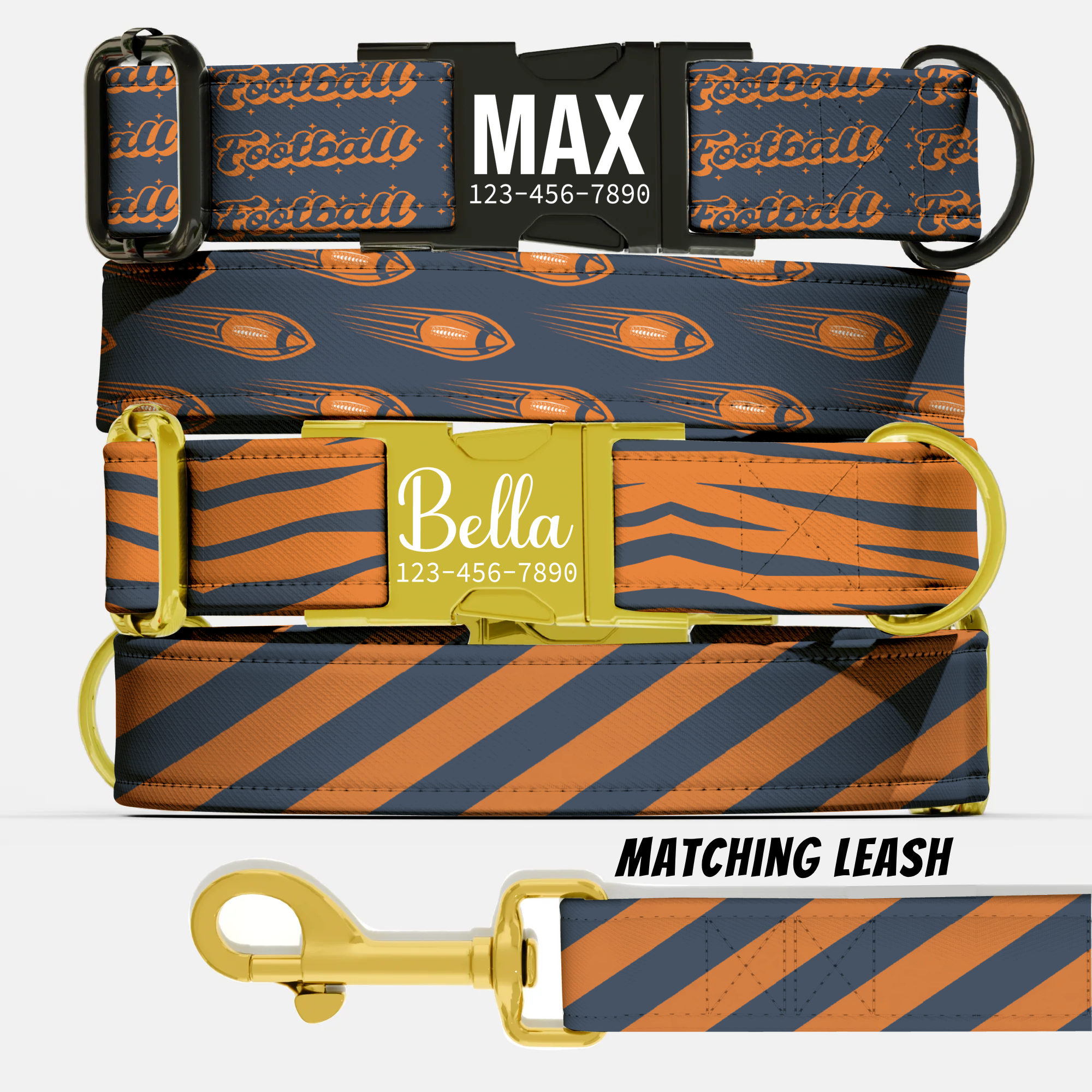 Navy Burnt Orange Personalized Football Dog Collar Custom Engraved Name Tag Rugby Style