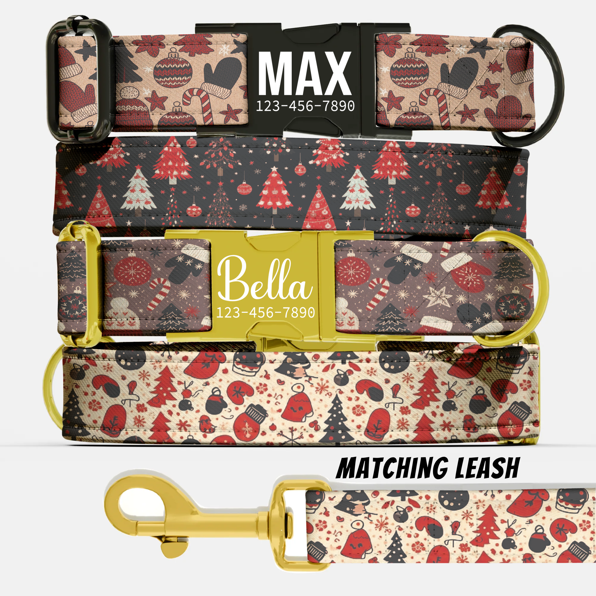 Vintage Christmas Dog Collar Red Black Holiday Pattern Personalized Name Collar Custom Pet ID Collar Festive Puppy Gift Christmas