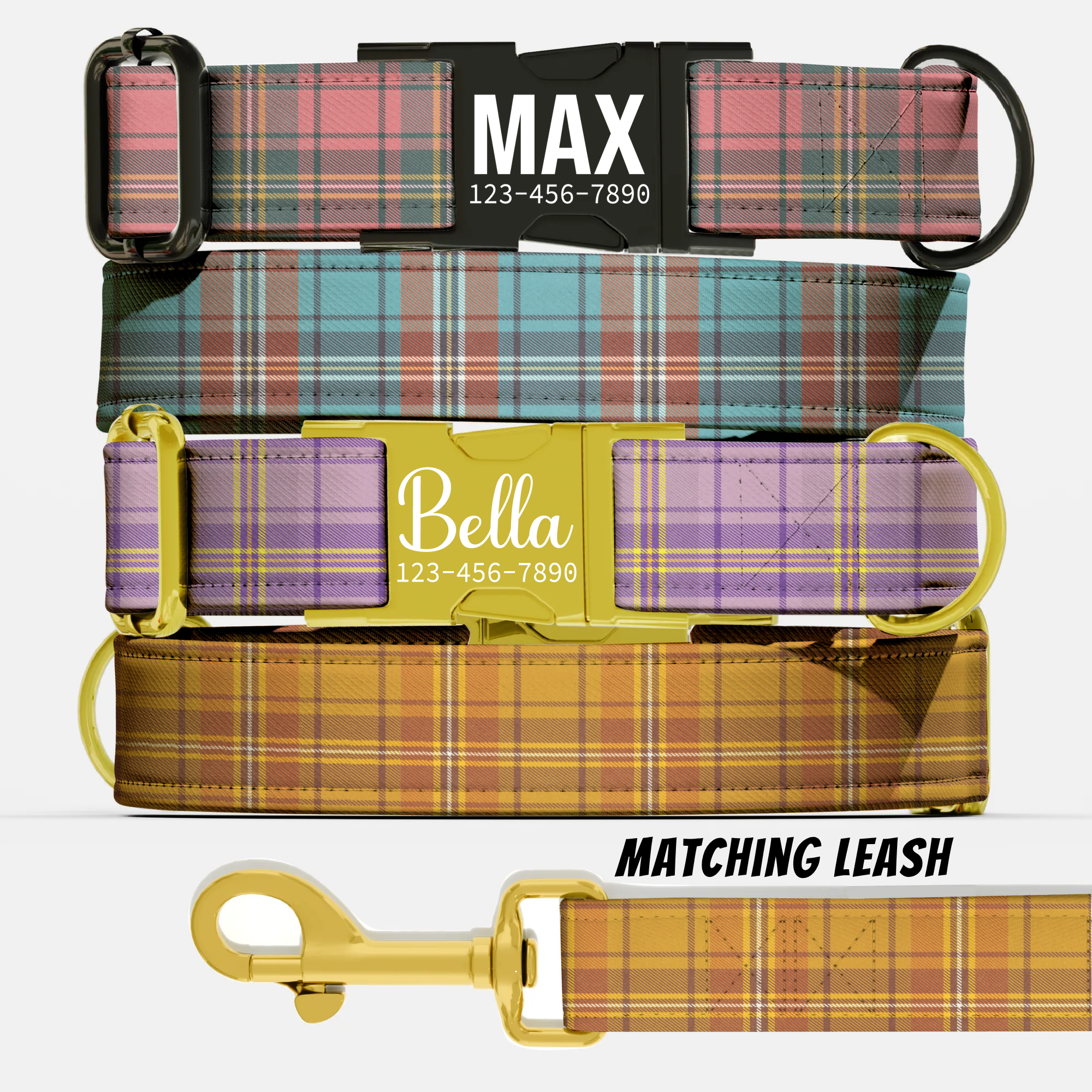 Vintage Gingham Plaid Personalized Dog Collar & Leash Set