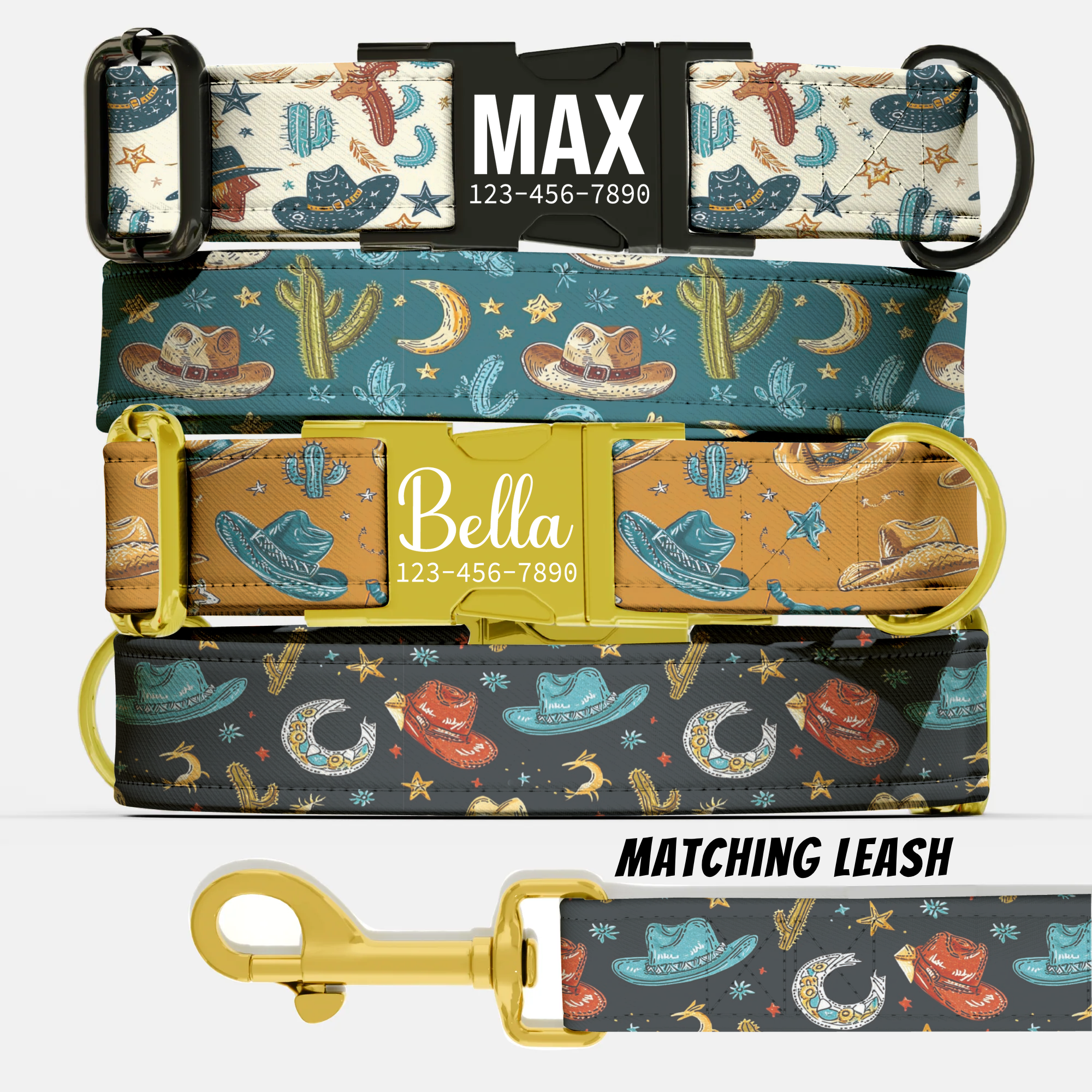 Wild West Cowboy Hat & Cactus Personalized Dog Collar Leash Set Custom Pet ID