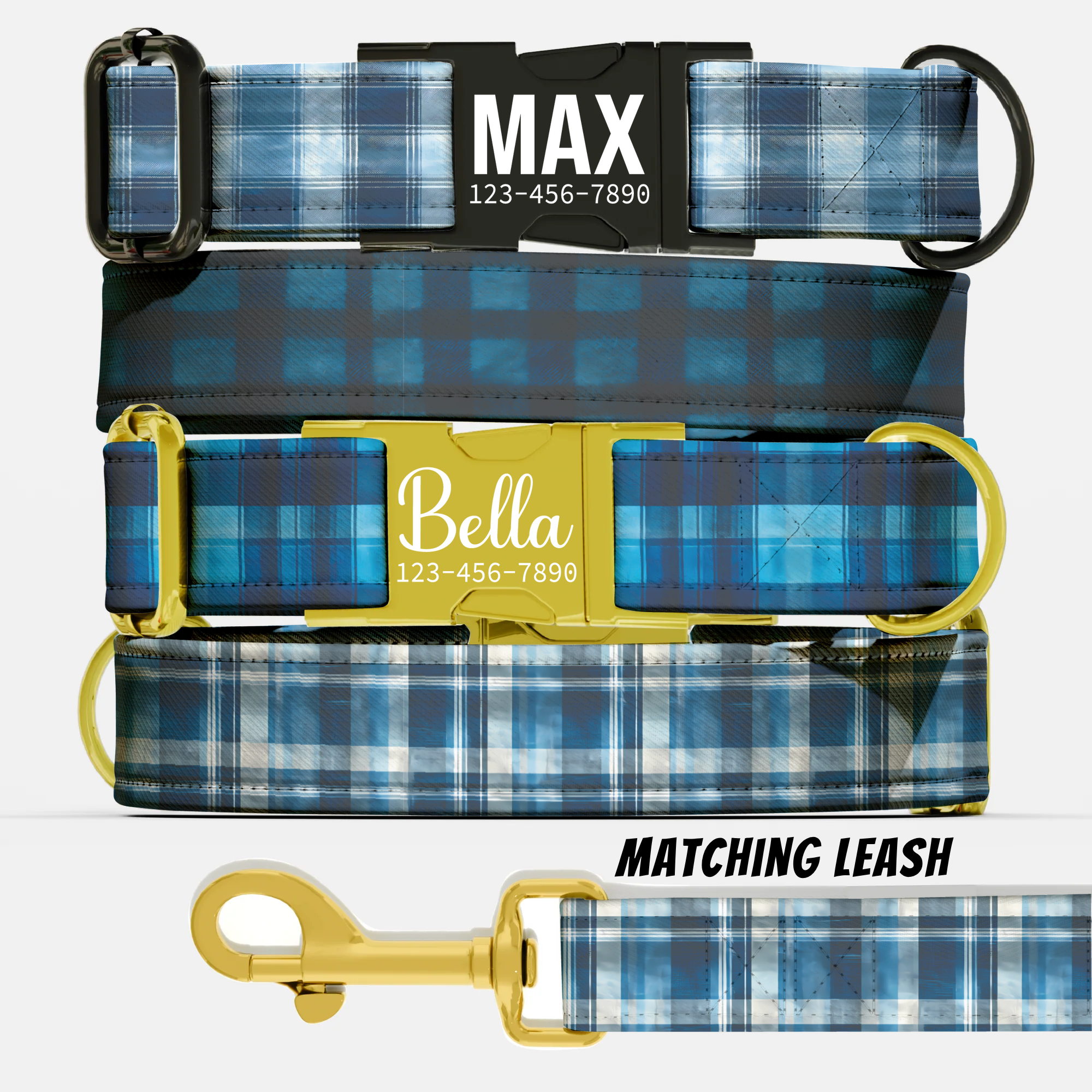 Blue Tartan Plaid Personalized Dog Collar & Leash Set