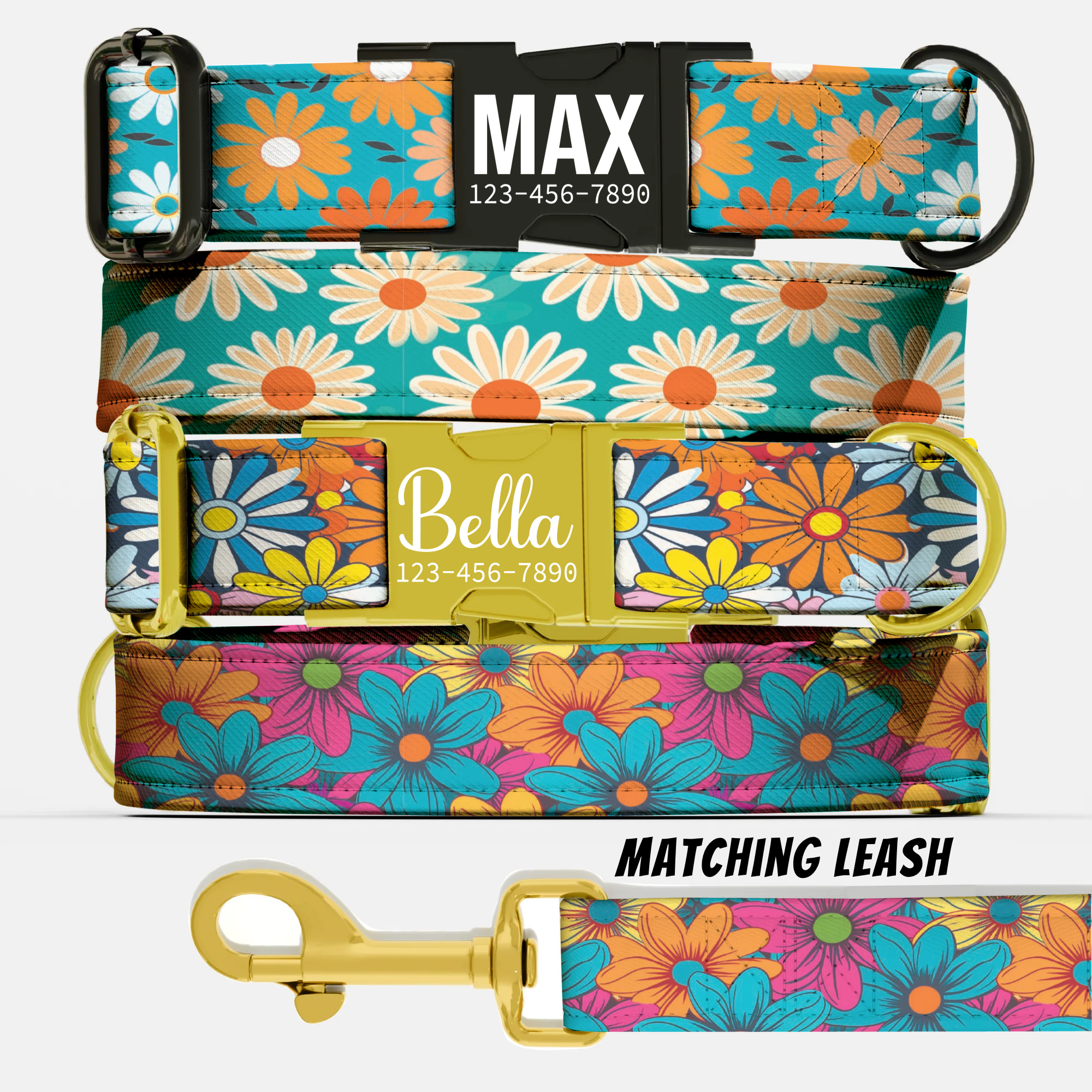 Custom Daisy Dog Collar Personalized Bright Floral Summer Puppy Collar Leash Set