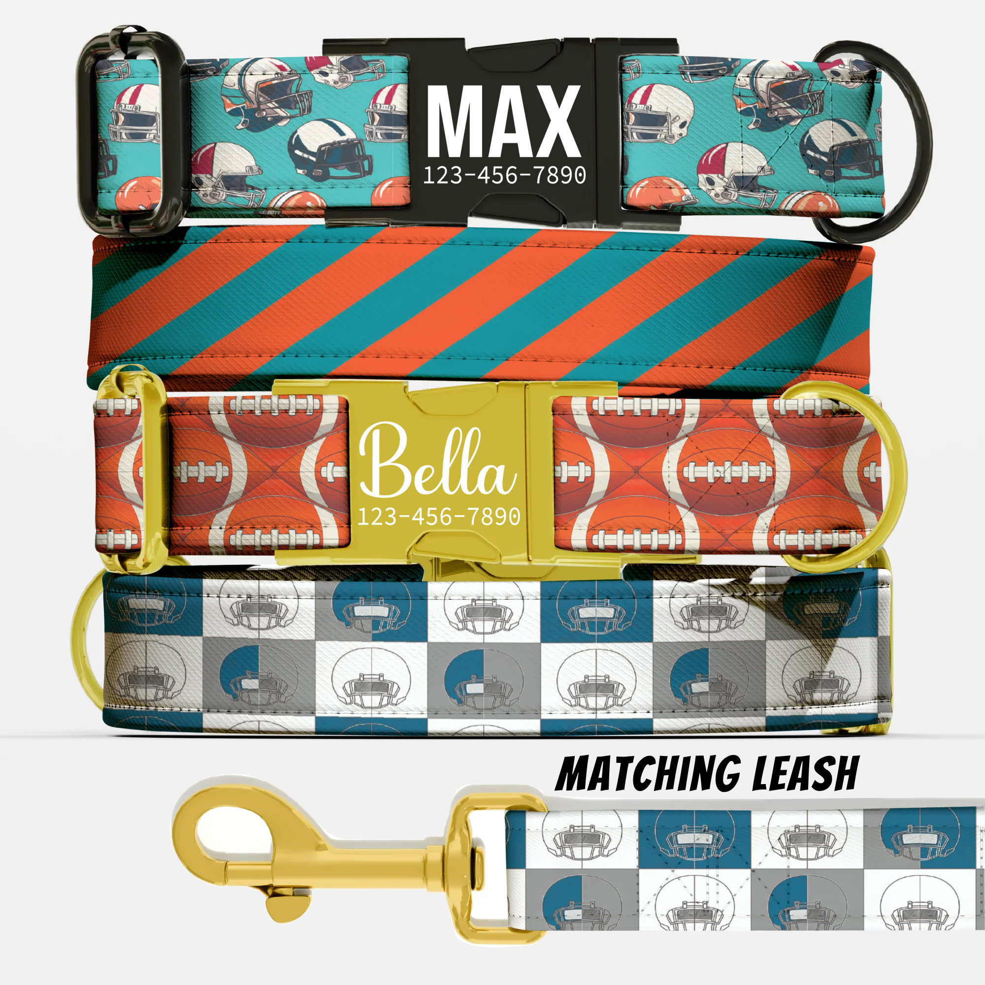 All-Star Game Day Dog Collar Personalized Football Vibes Aqua & Orange Pup Sunday Funday Football Dog Collar