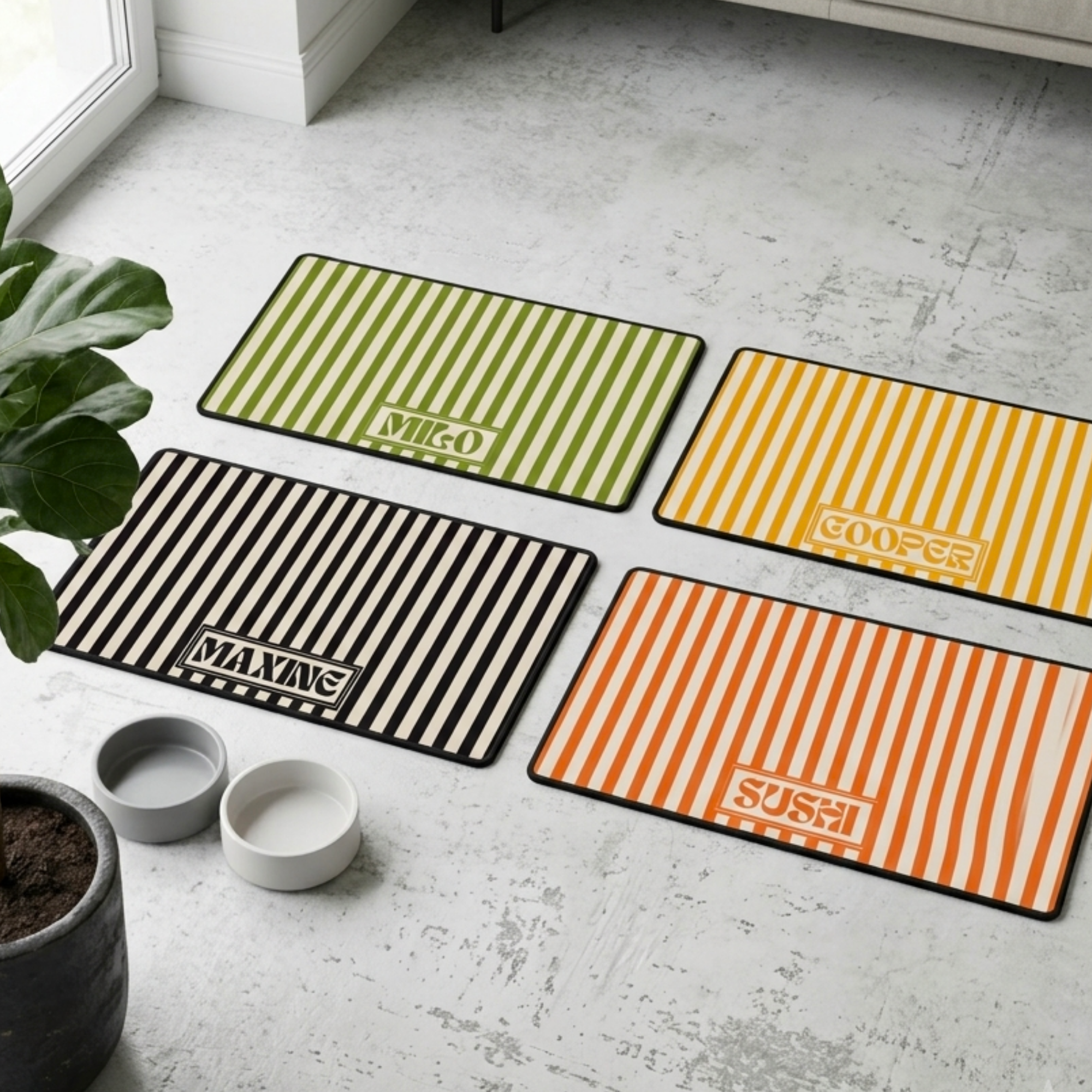 Custom Pet Food Mat with Name, Personalized Dog Feeding Mat, Custom Stripe Colors, Non Slip Floor Protector for Dogs & Cats Gift