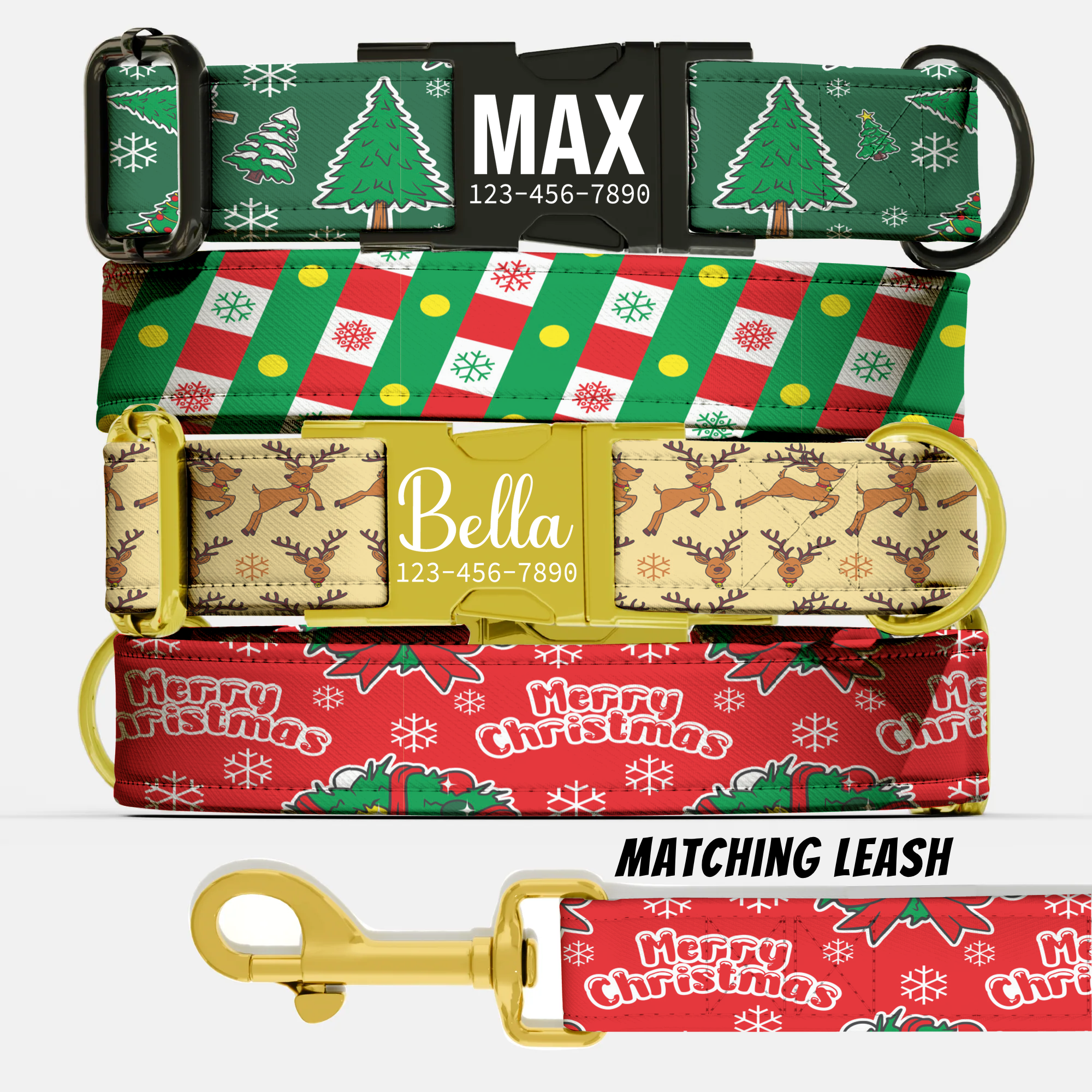 Christmas Tree Dog Collar Festive Holiday Pattern Personalized Name Collar Custom Pet ID Collar Reindeer Snowflake Puppy Accessory