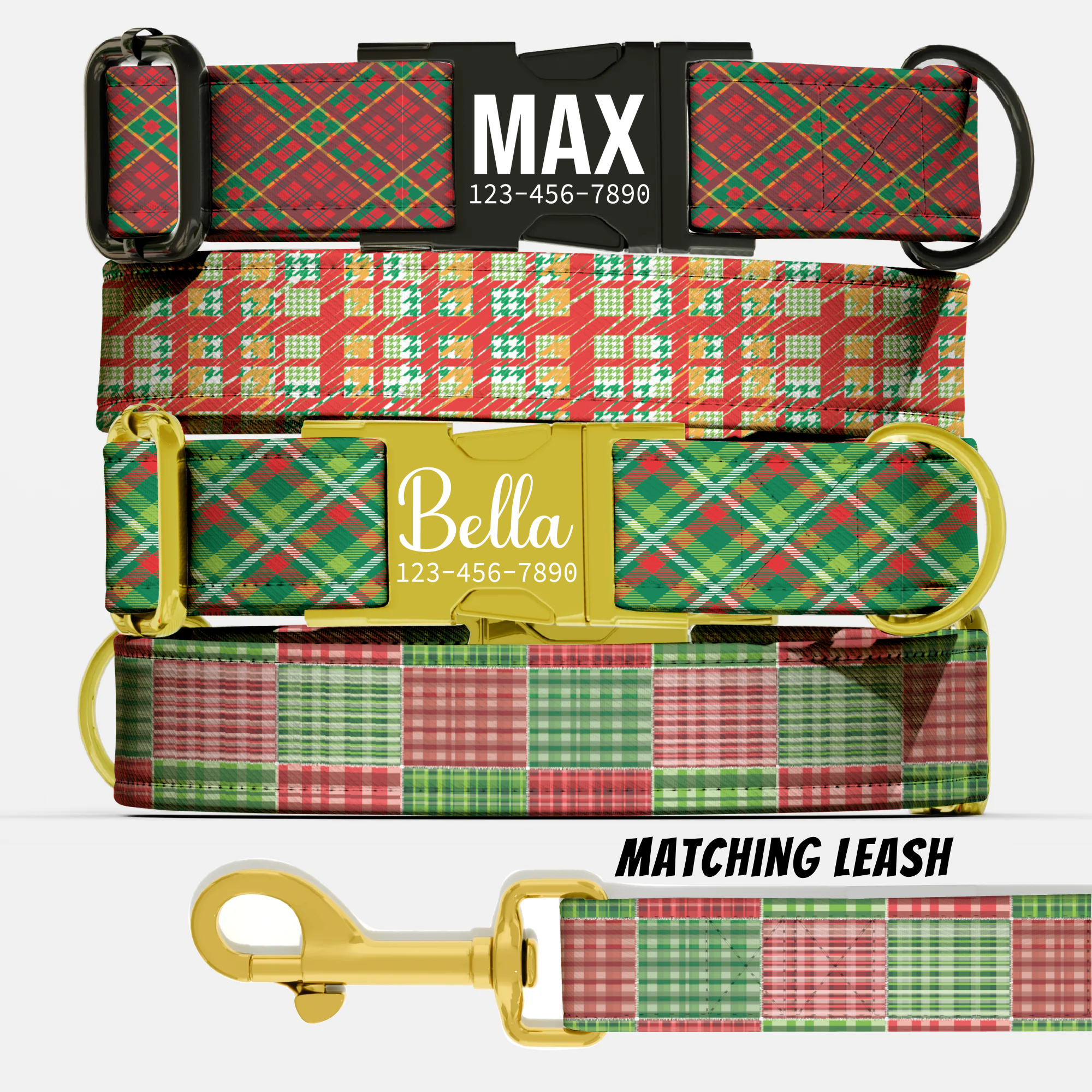 Red Green Christmas Plaid Dog Collar Personalized Holiday Tartan Pet Collar Custom Name ID Collar Festive Puppy Gift Christmas