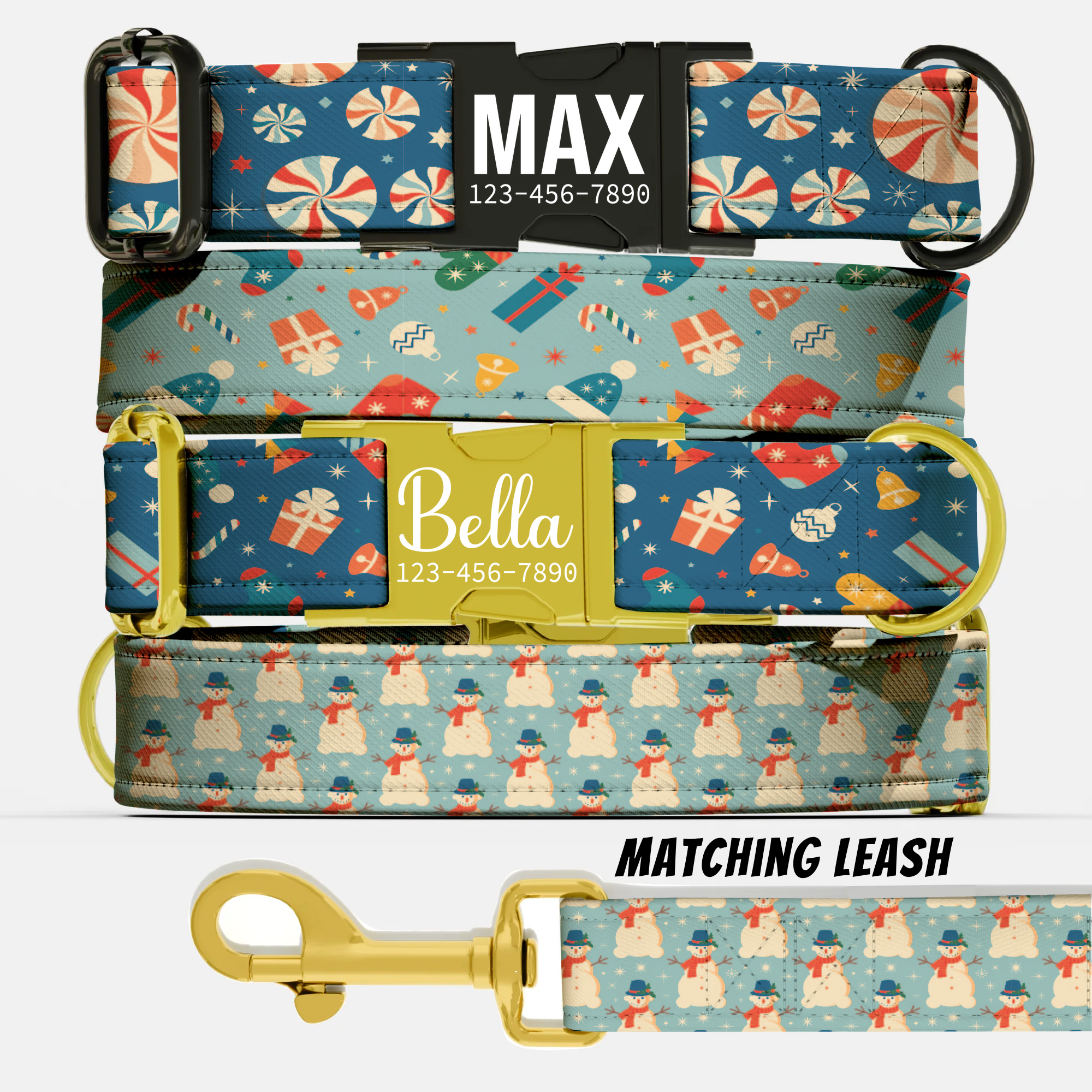 Christmas Pattern Dog Collar Personalized Name Collar Custom Holiday Pet ID Collar Candy Cane Present Design Festive Puppy Gift