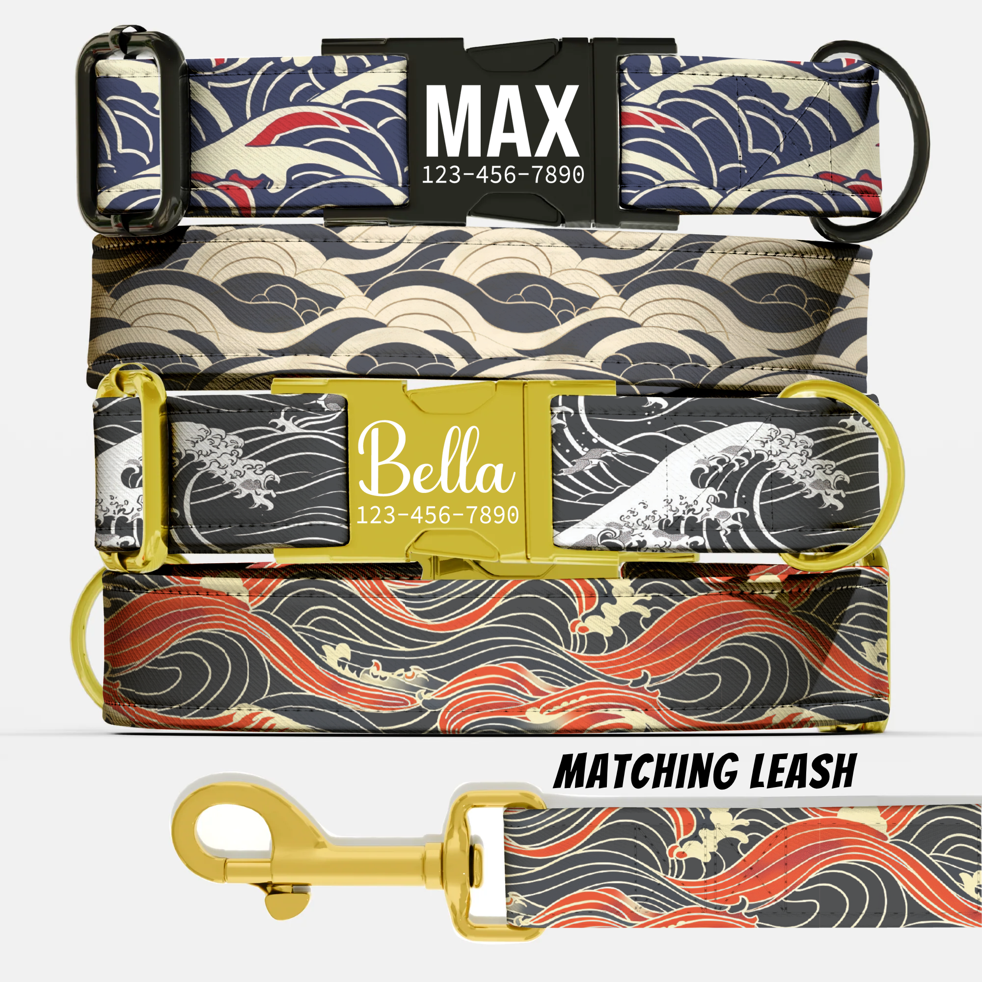 Custom Japanese Wave Personalized Dog Collar & Leash Set Adjustable