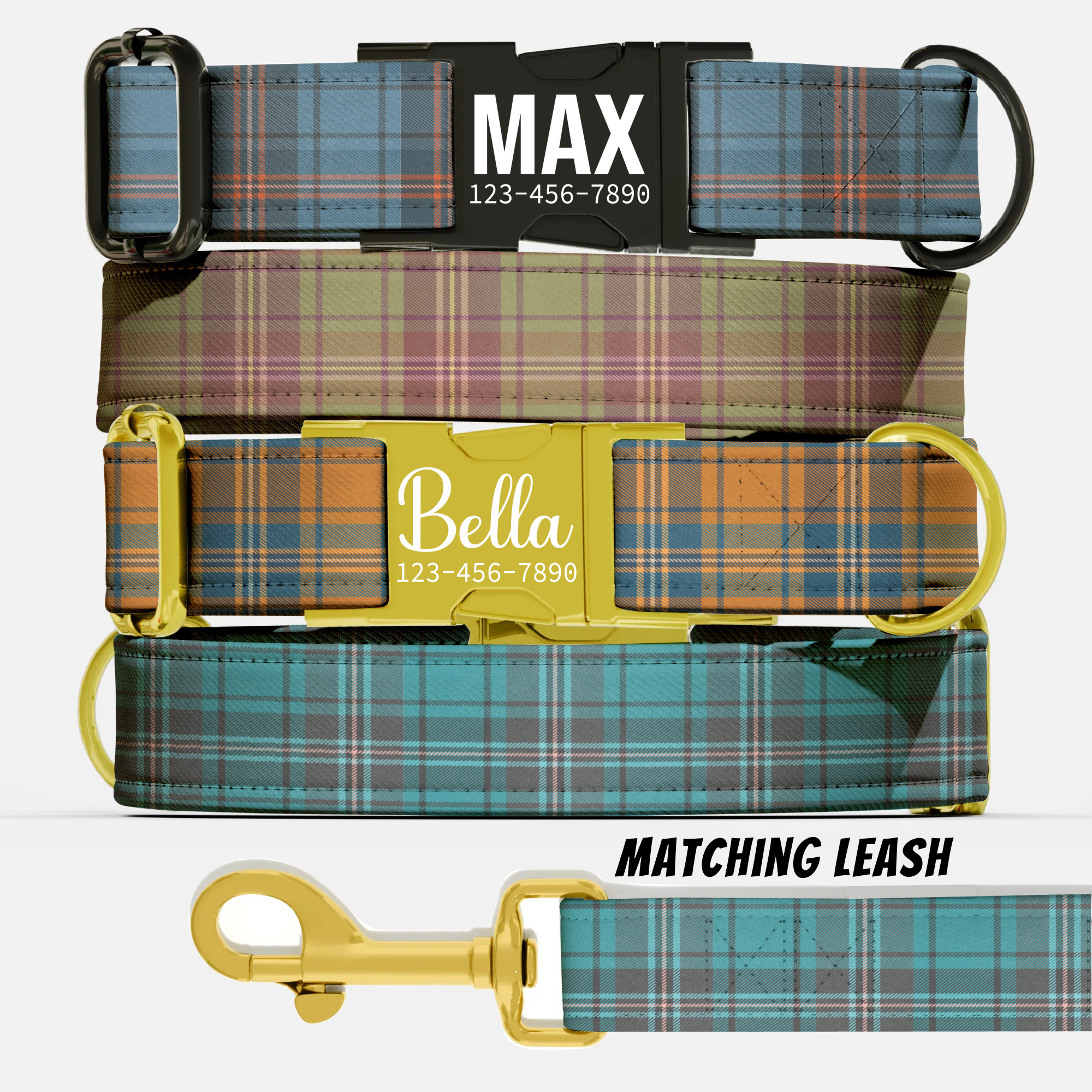Retro Plaid Personalized Dog Collar & Leash Set