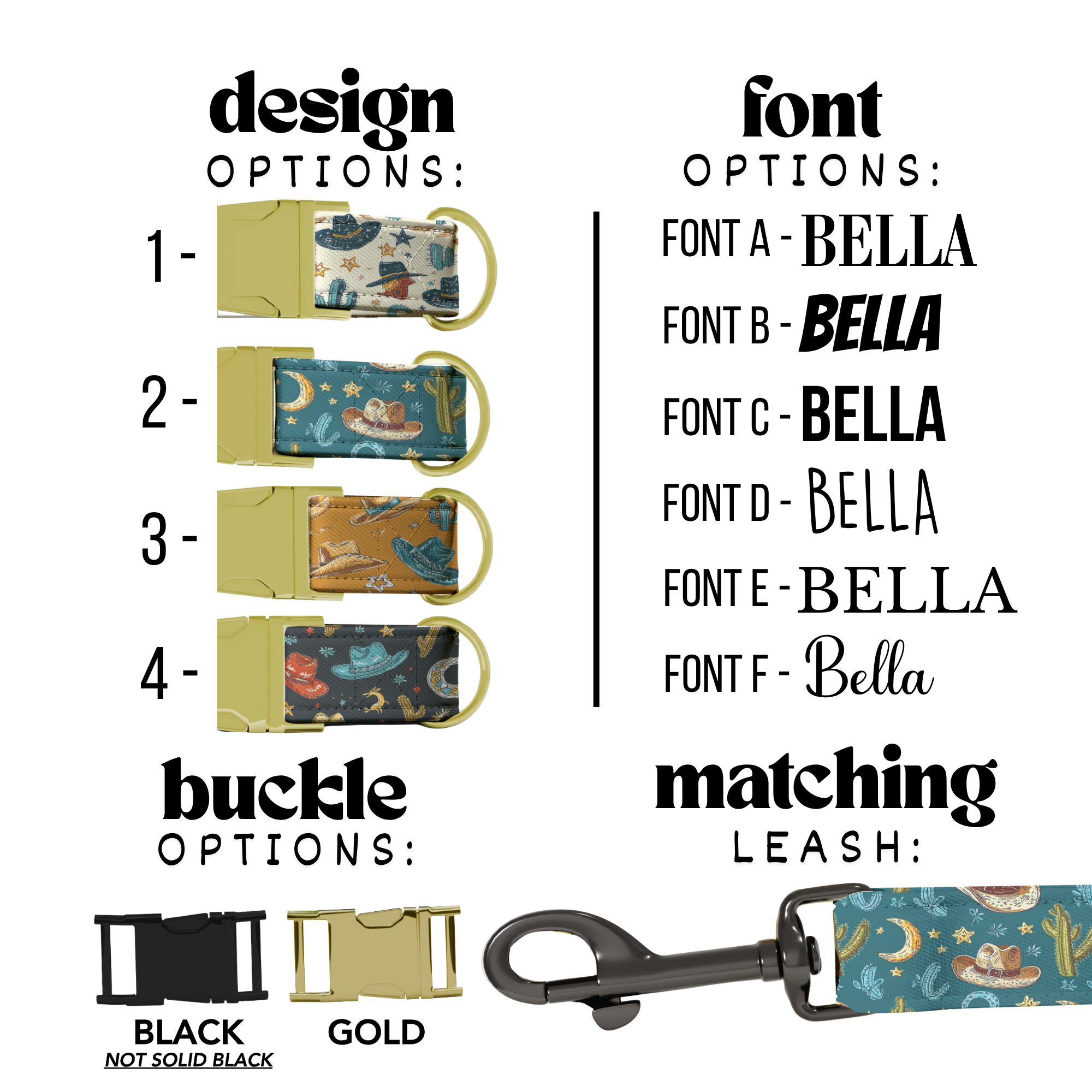 Wild West Cowboy Hat & Cactus Personalized Dog Collar Leash Set Custom Pet ID