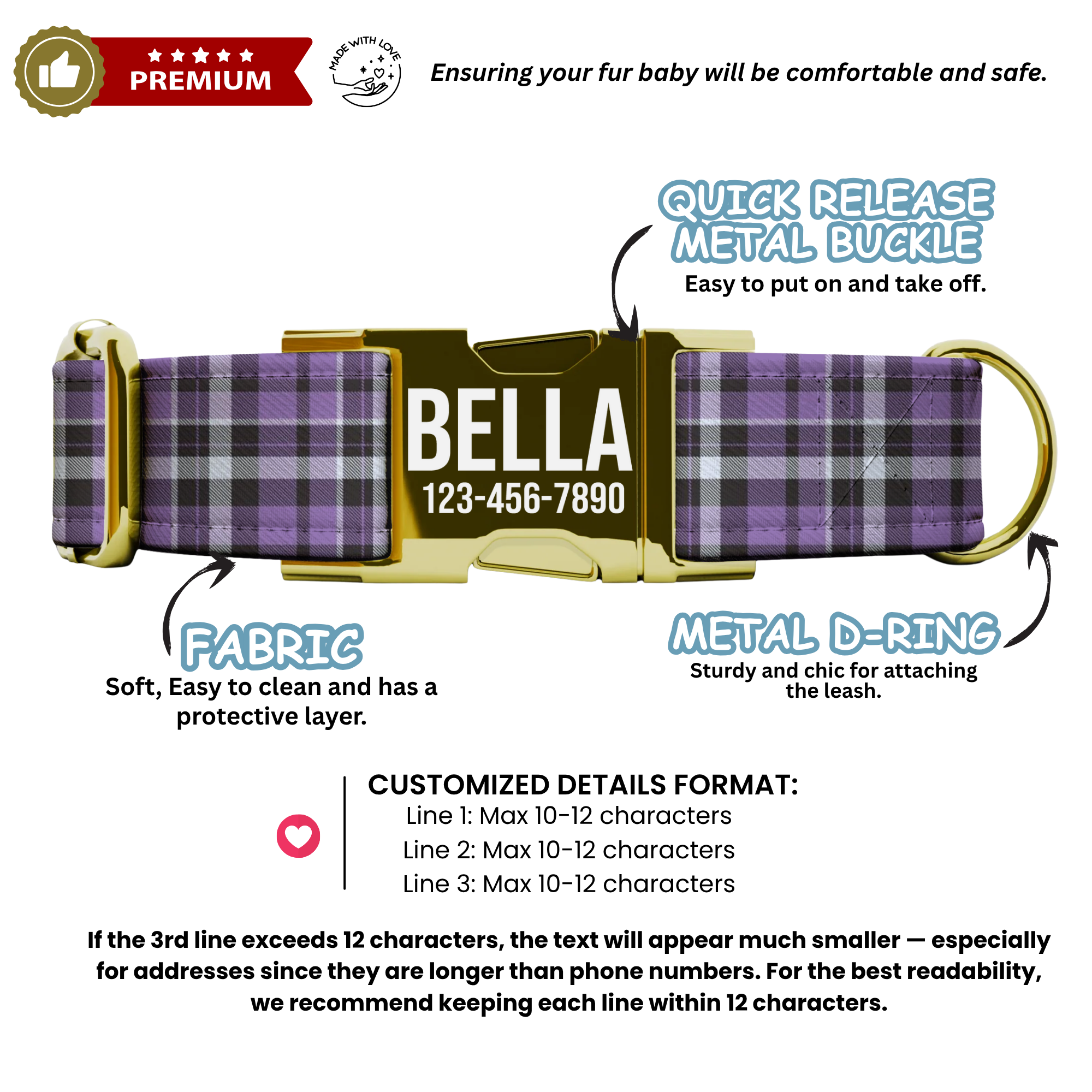 Purple Plaid Gingham Personalized Dog Collar & Leash