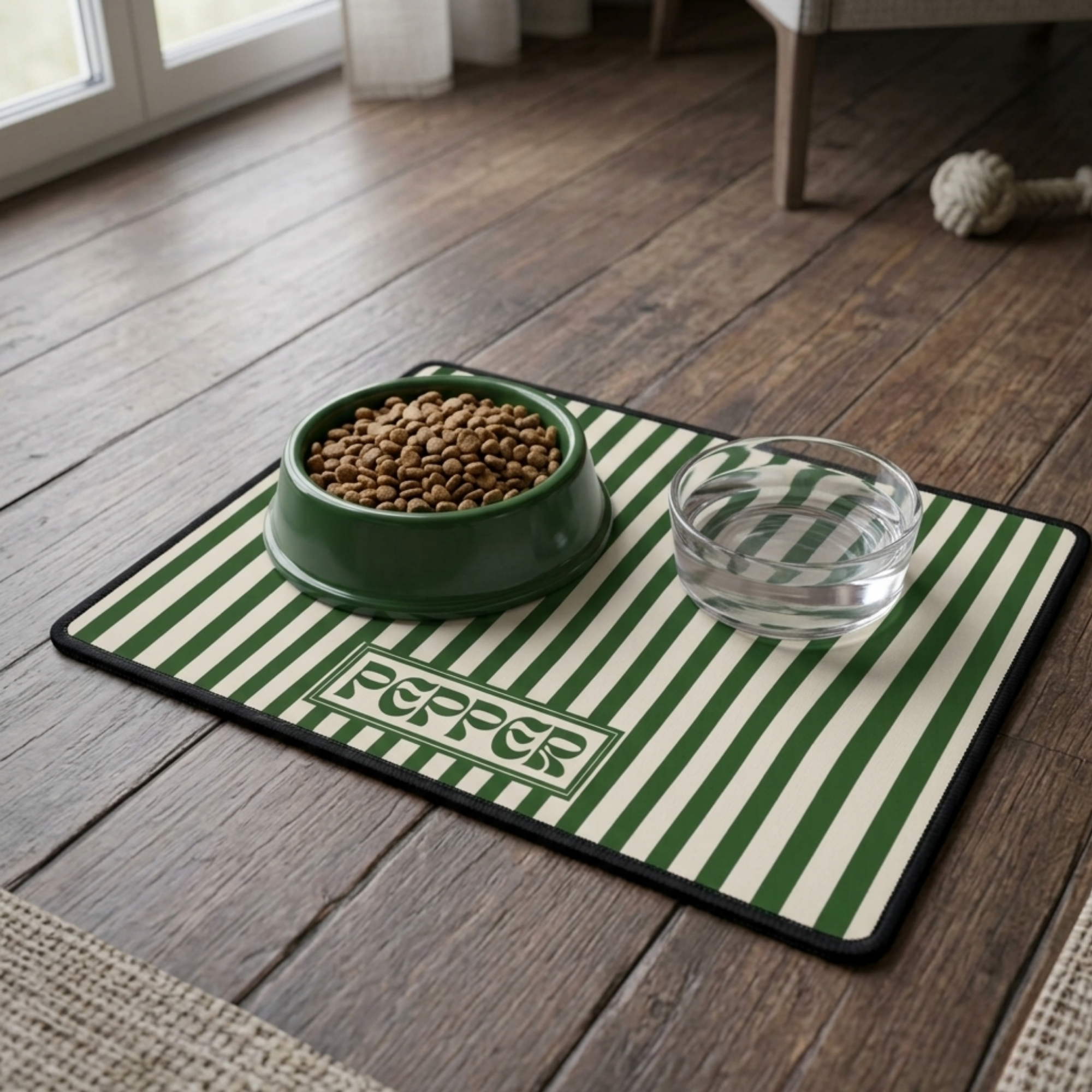 Custom Pet Food Mat with Name, Personalized Dog Feeding Mat, Custom Stripe Colors, Non Slip Floor Protector for Dogs & Cats Gift