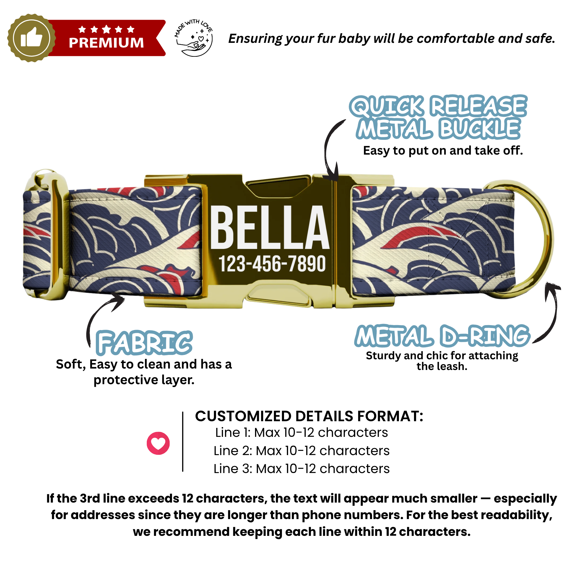 Custom Japanese Wave Personalized Dog Collar & Leash Set Adjustable