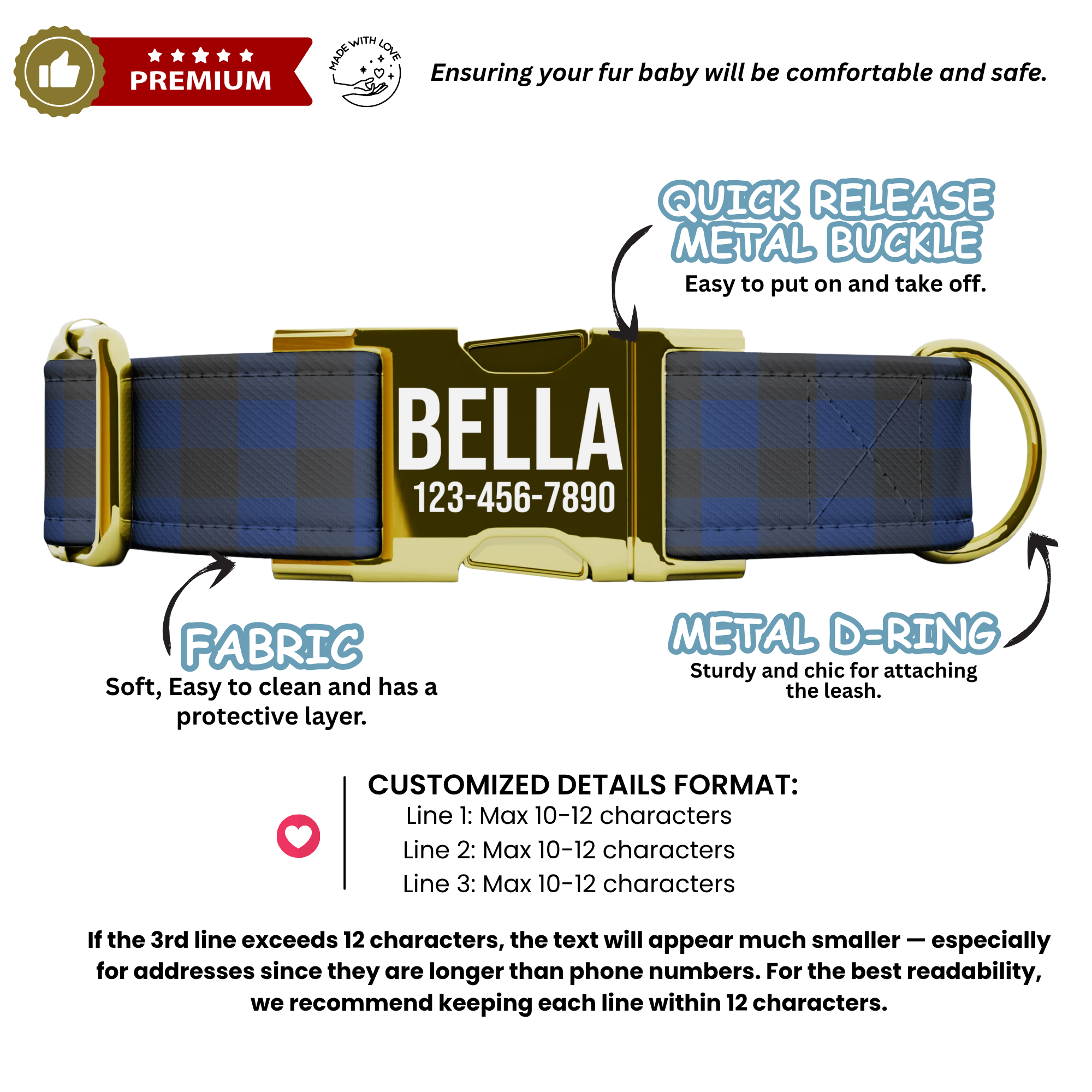 Blue Checker Plaid Personalized Dog Collar & Leash Set
