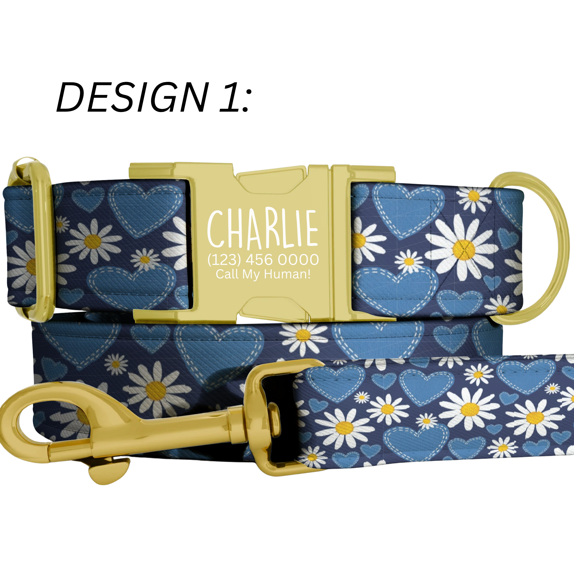 Daisy Dreams Personalized Dog Collar & Leash Set Custom Blue Floral Puppy Collar