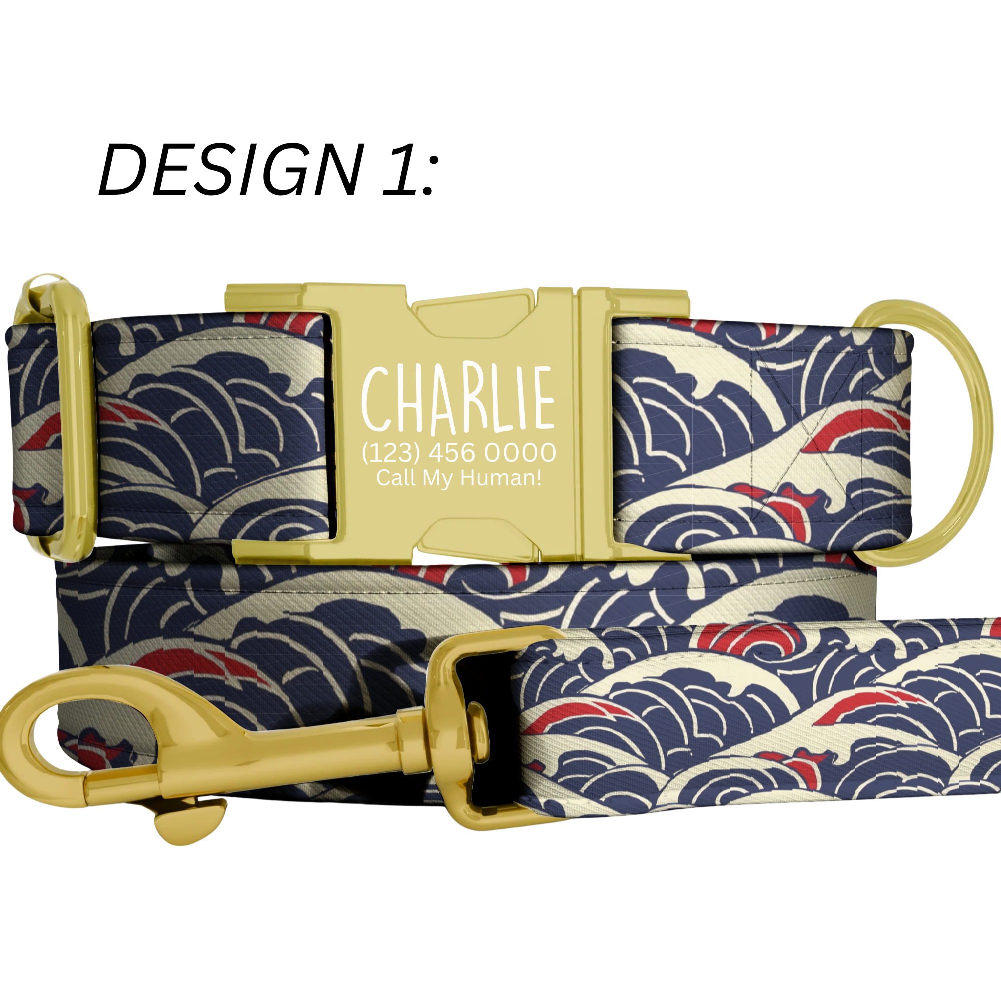 Custom Japanese Wave Personalized Dog Collar & Leash Set Adjustable
