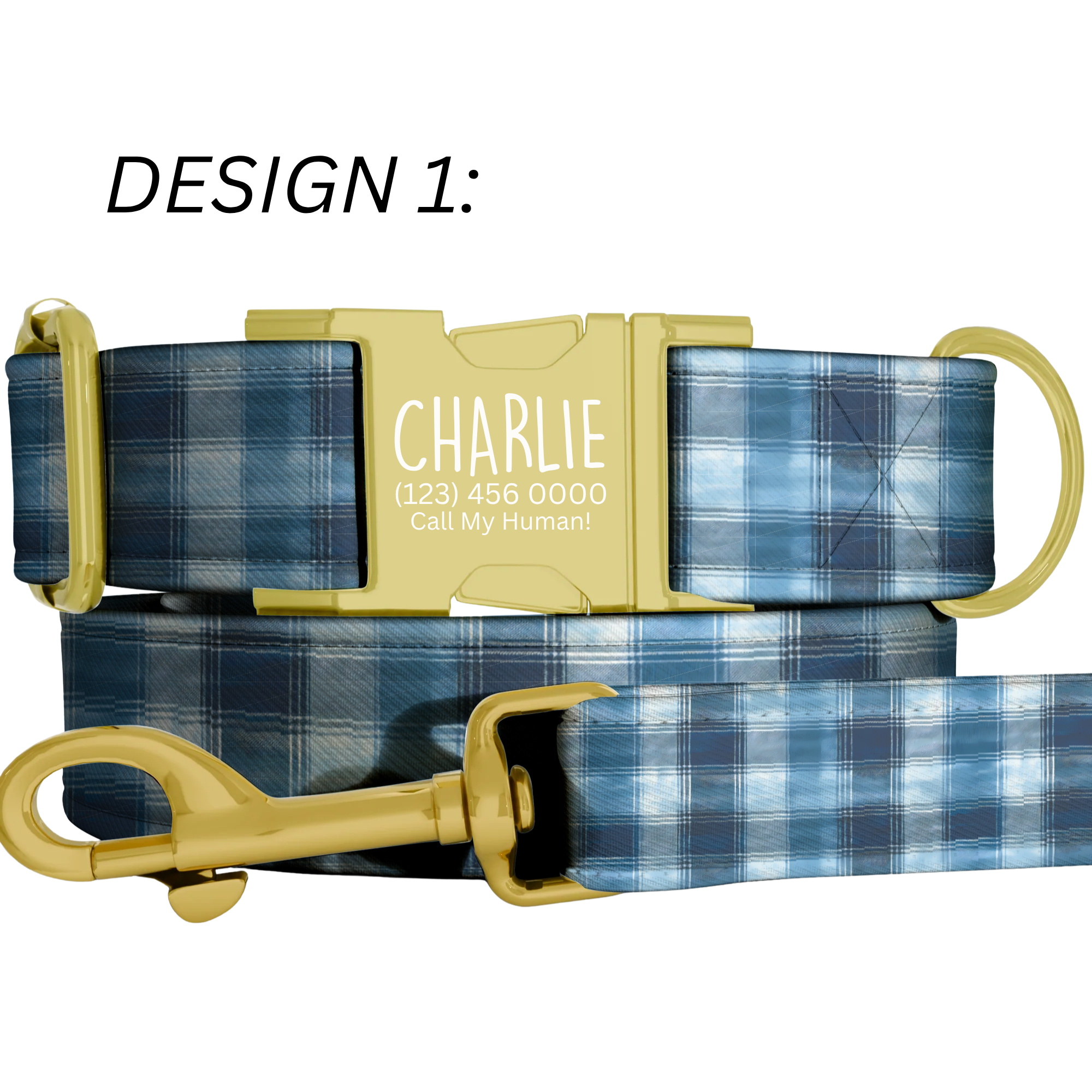 Blue Tartan Plaid Personalized Dog Collar & Leash Set
