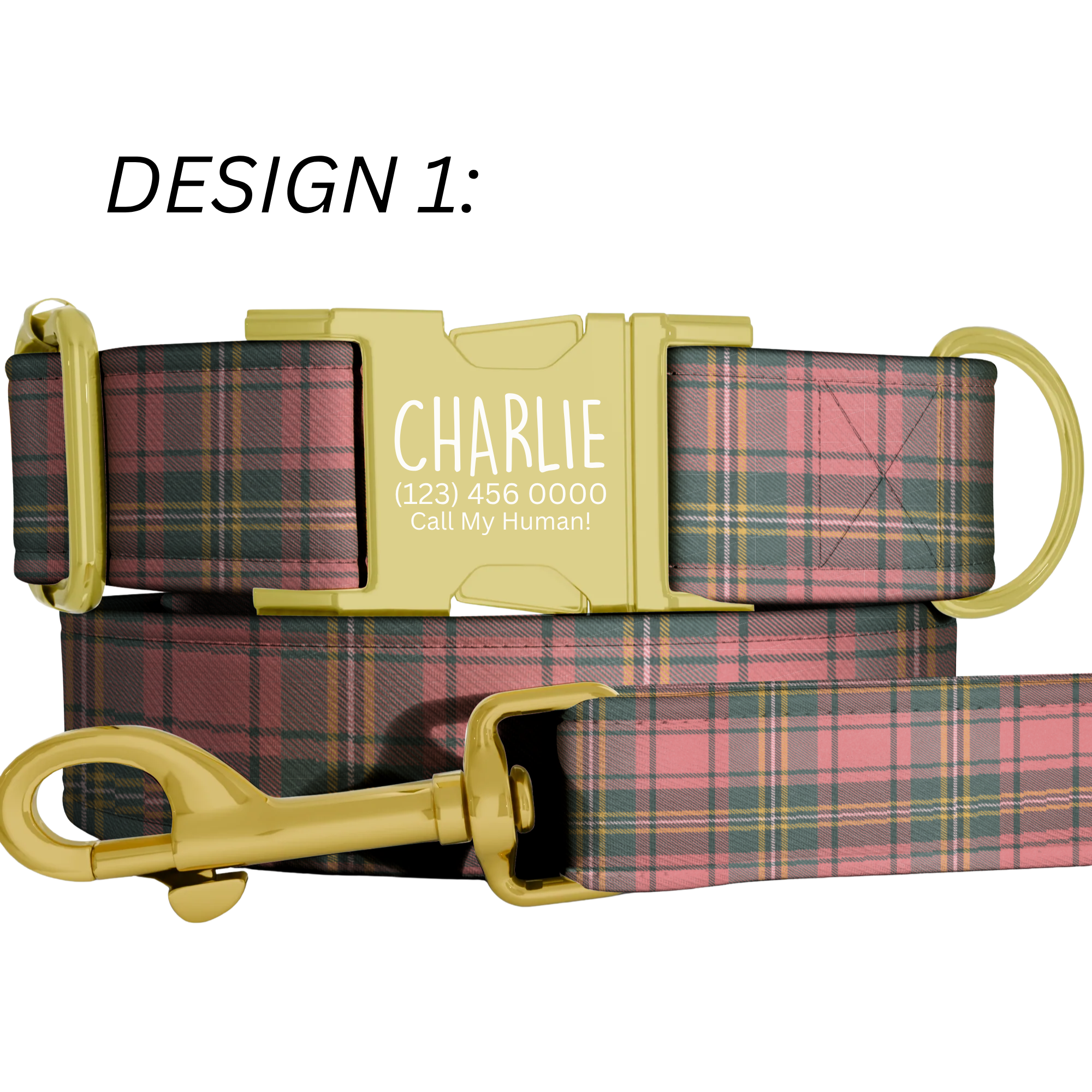 Vintage Gingham Plaid Personalized Dog Collar & Leash Set
