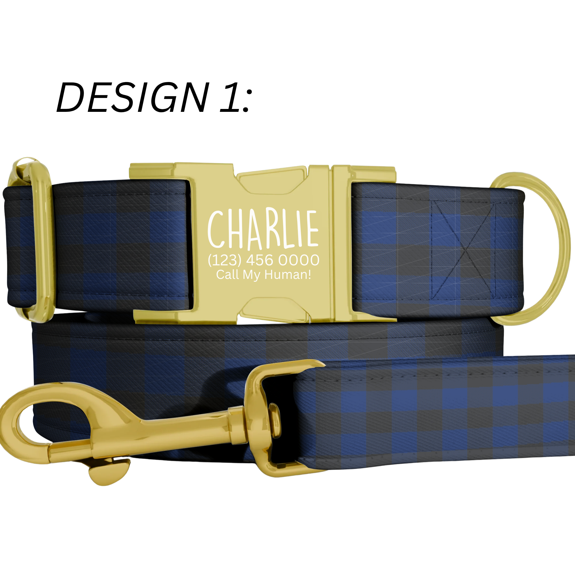 Blue Checker Plaid Personalized Dog Collar & Leash Set