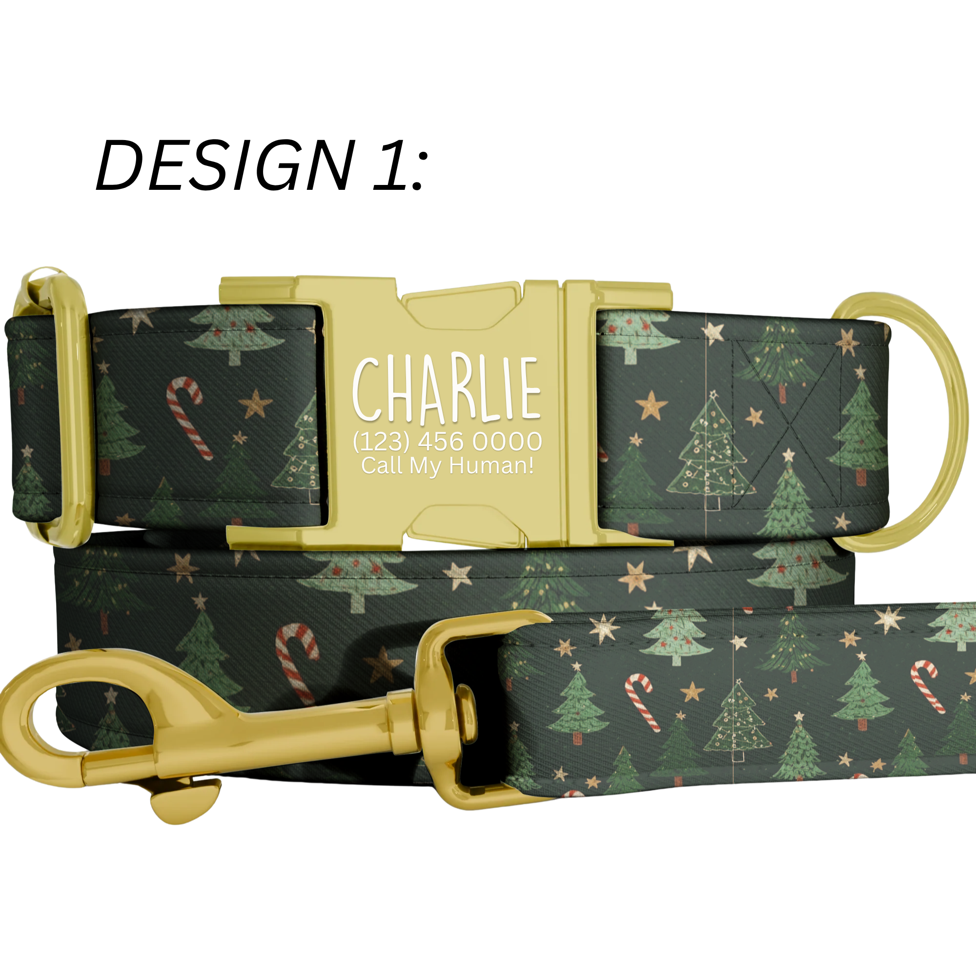 Dark Green Christmas Dog Collar Candy Cane Star Holiday Pattern Personalized Name Collar Custom Pet ID Collar Festive Gift Winter