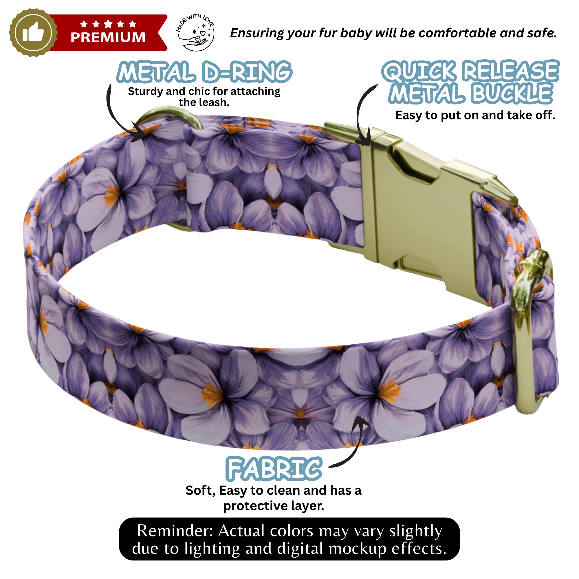Purple Wildflower Personalized Dog Collar and Leash Handmade Lavender Pet Collar Custom Dog Accessories Small Medium Large Dogs