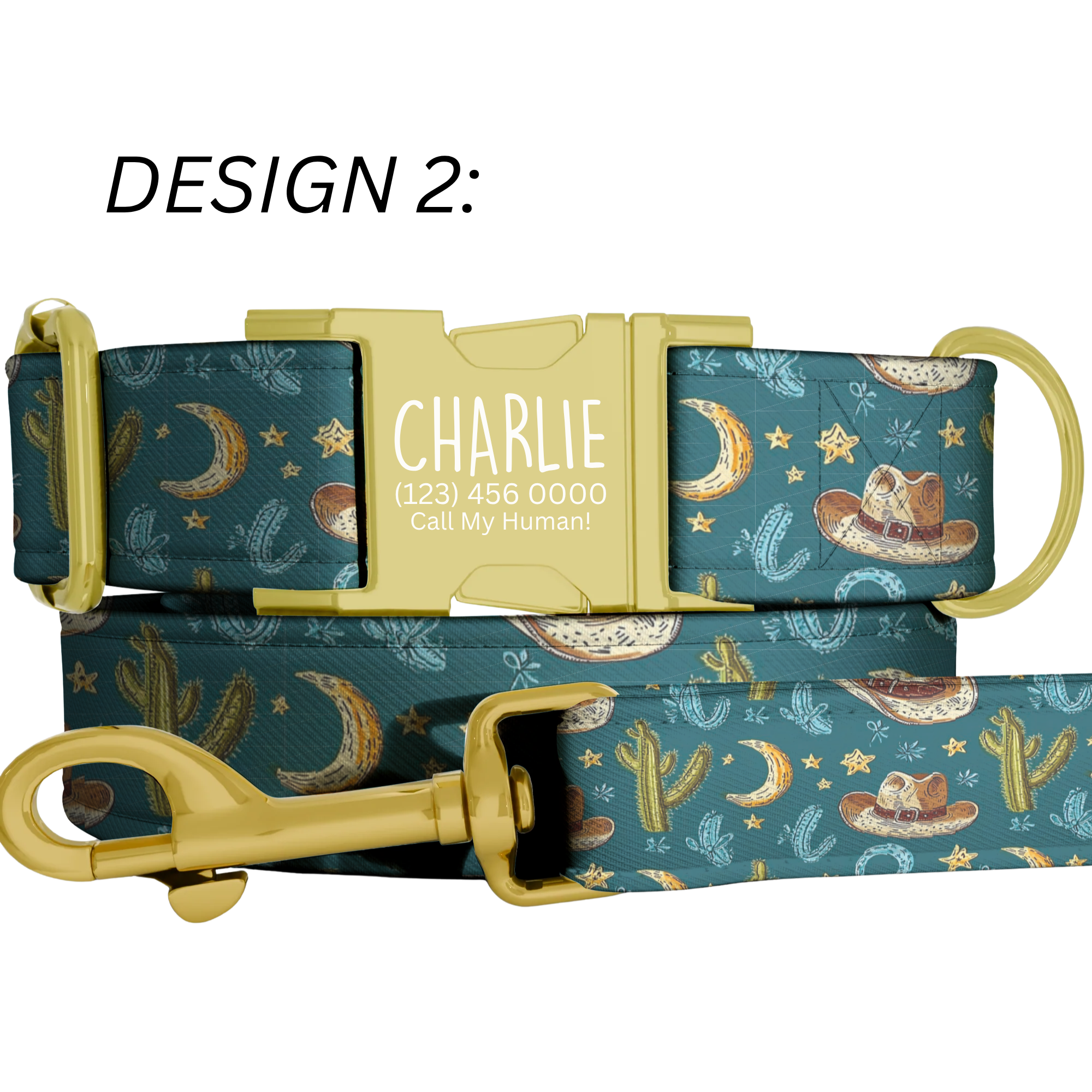 Wild West Cowboy Hat & Cactus Personalized Dog Collar Leash Set Custom Pet ID