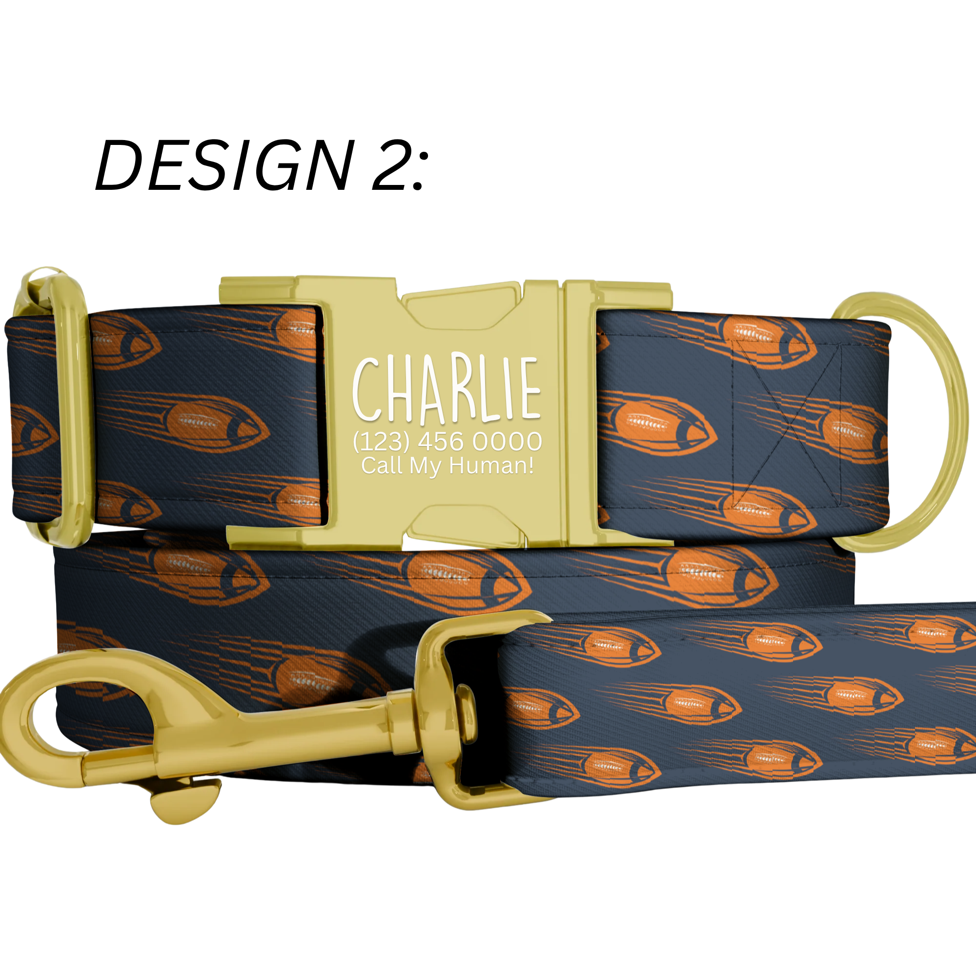 Navy Burnt Orange Personalized Football Dog Collar Custom Engraved Name Tag Rugby Style