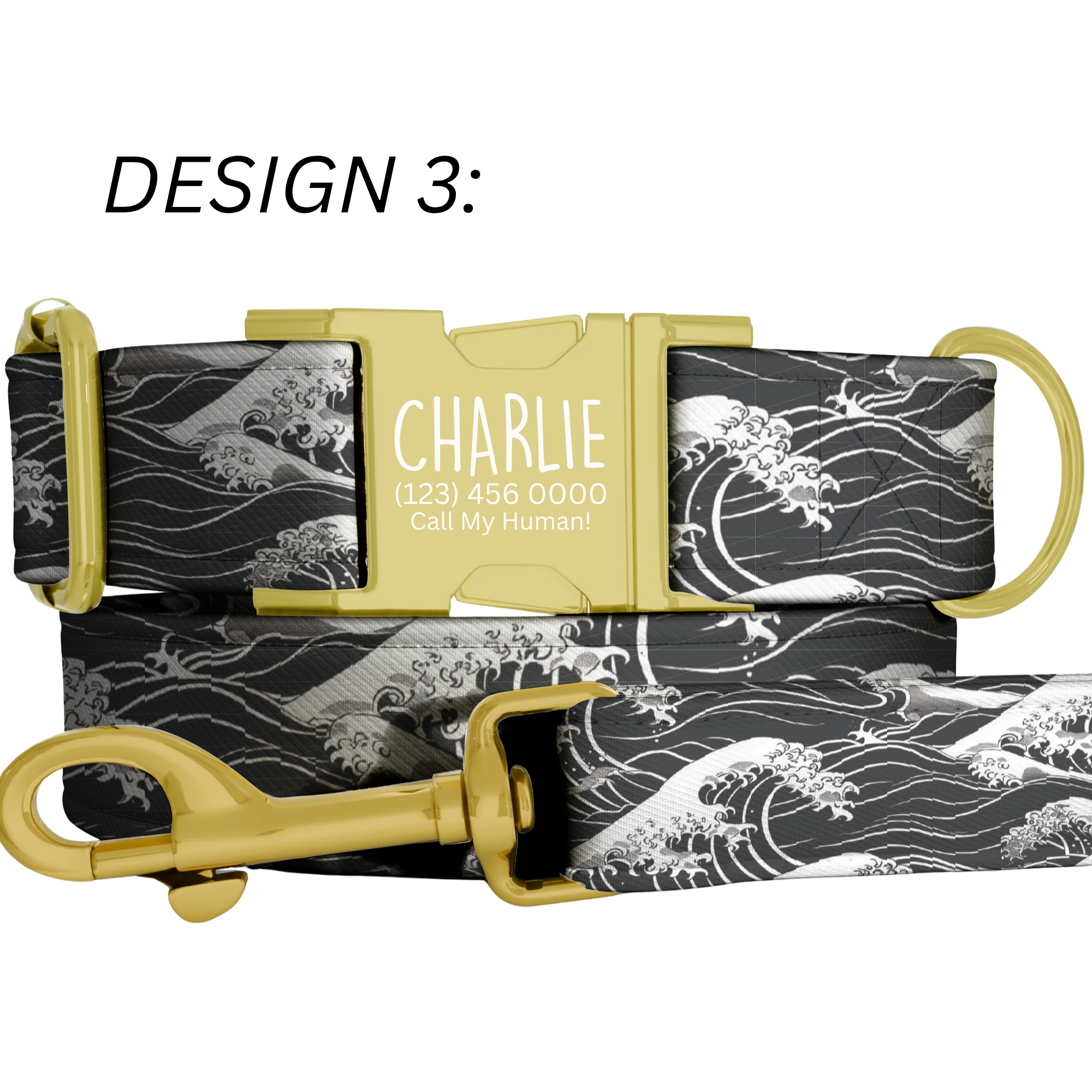 Custom Japanese Wave Personalized Dog Collar & Leash Set Adjustable