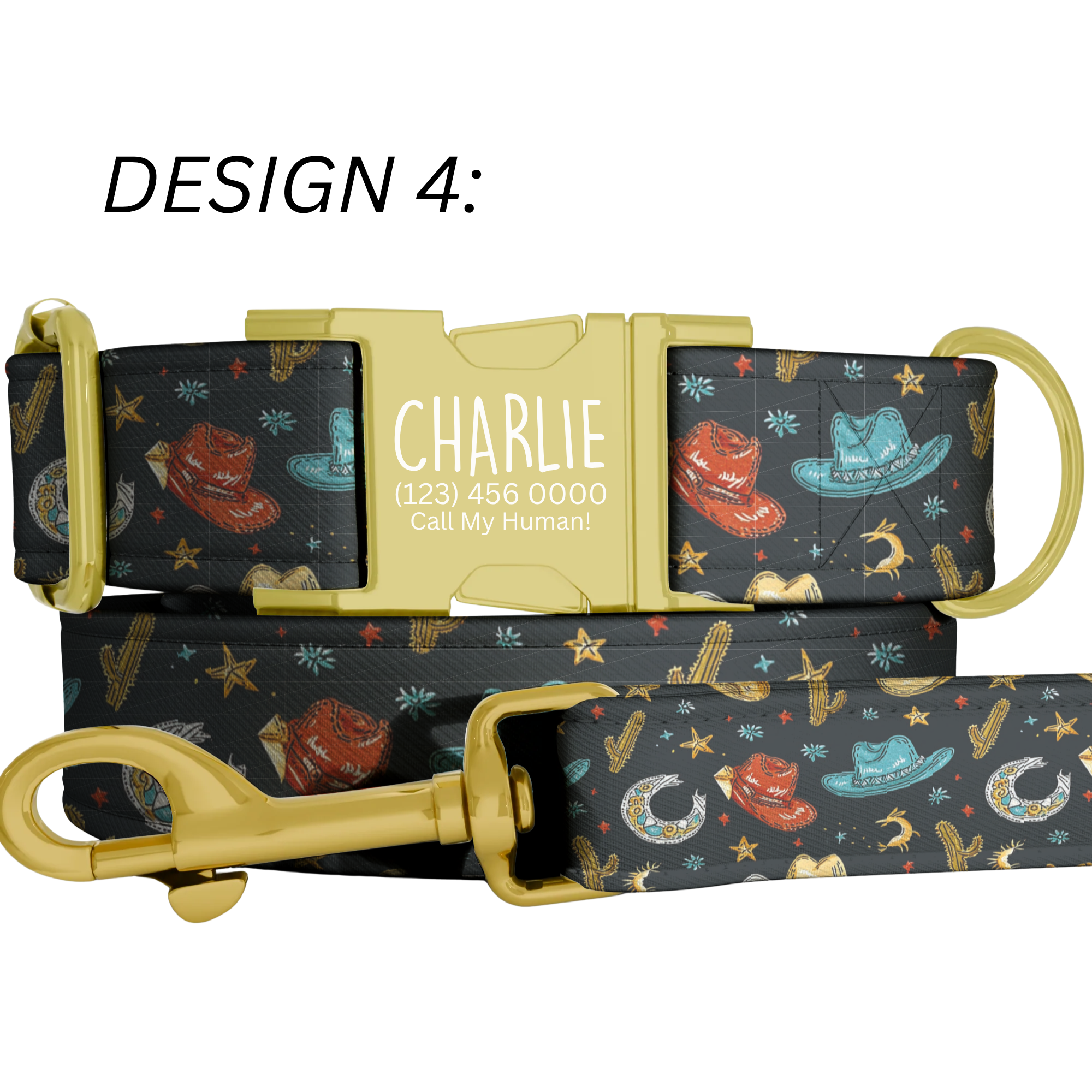 Wild West Cowboy Hat & Cactus Personalized Dog Collar Leash Set Custom Pet ID