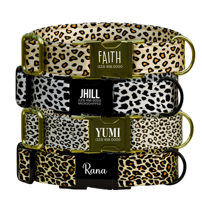 Personalized Leopard Print Dog Collar Custom Name Tag Fierce n' Fabulous Dog Collar with Metal Buckle & Adjustable Fit Dog ID Tag (OG-292)