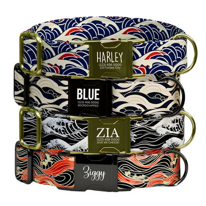 Personalized Japanese Wave Dog Collar with Leash: Floral Metal Buckle (OG-455)