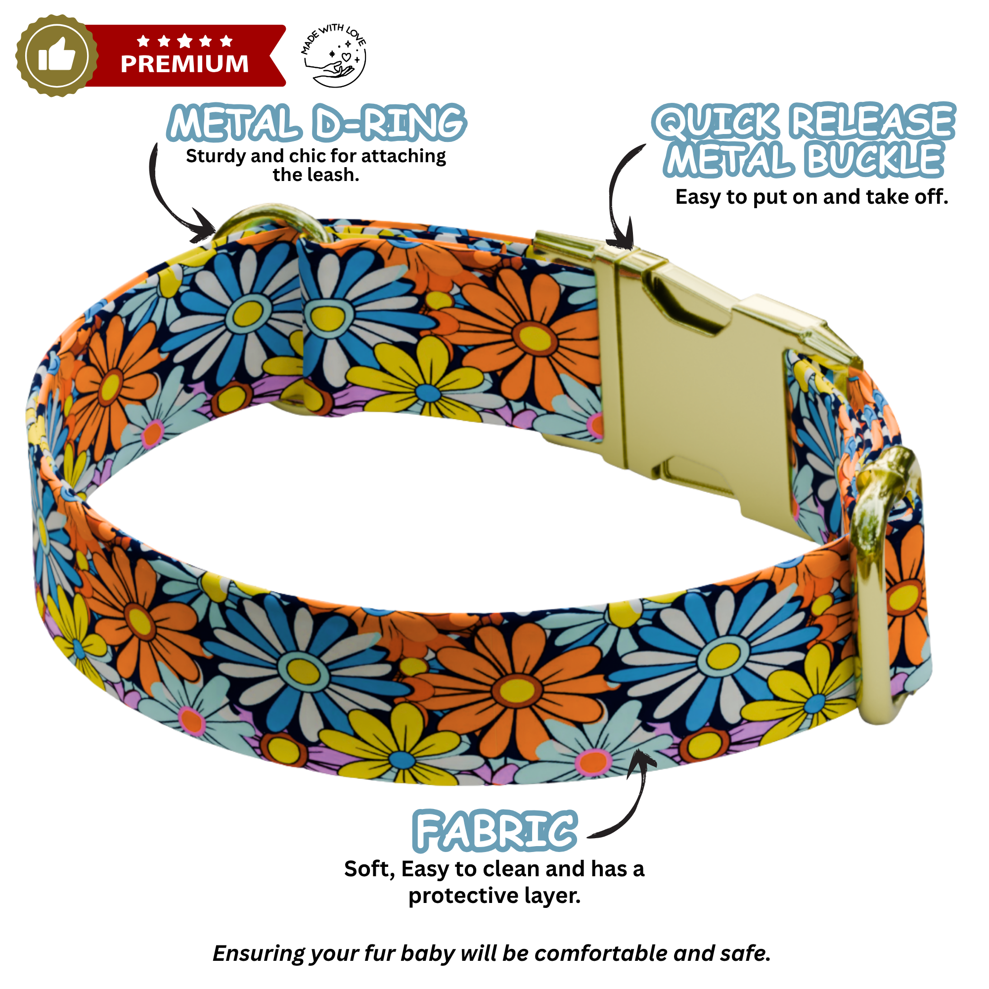 Custom Daisy Dog Collar Personalized Bright Floral Summer Puppy Collar Leash Set
