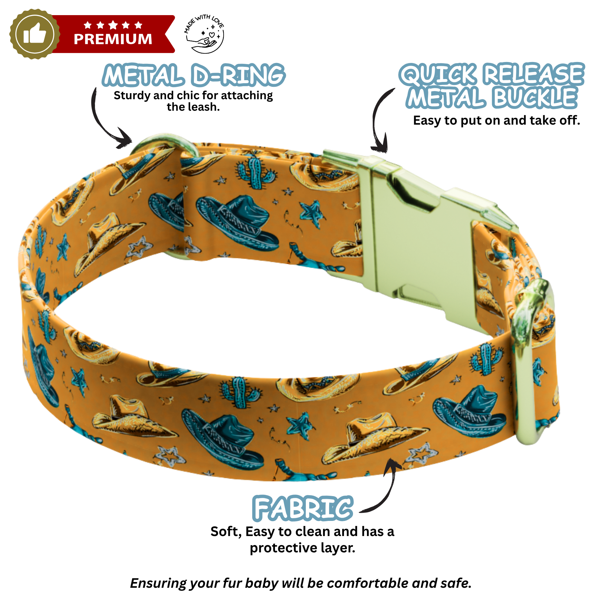 Wild West Cowboy Hat & Cactus Personalized Dog Collar Leash Set Custom Pet ID