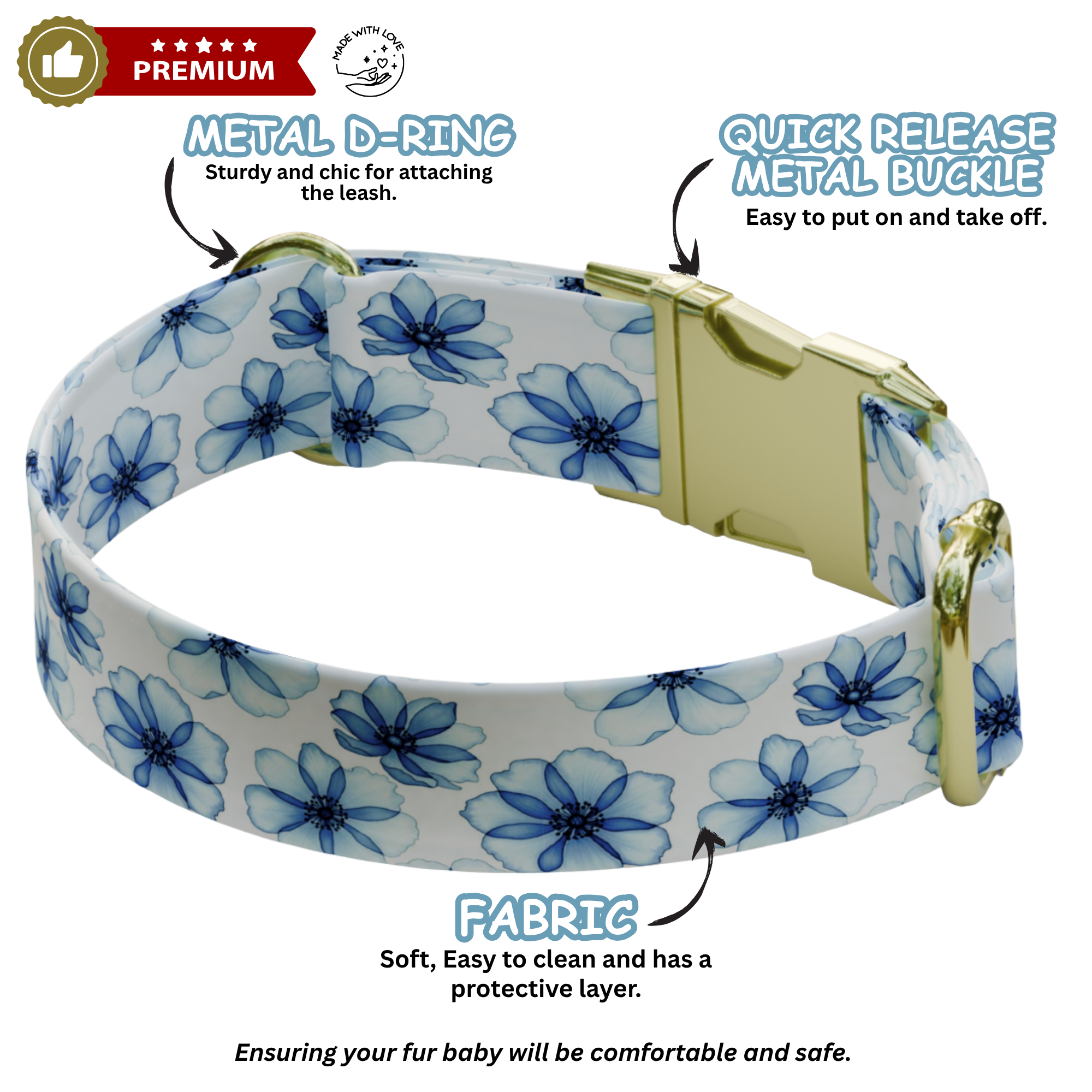 Daisy Dreams Personalized Dog Collar & Leash Set Custom Blue Floral Puppy Collar