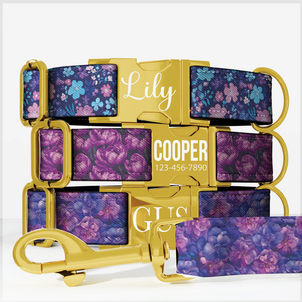 Purple Floral Personalized Dog Collar & Leash Set