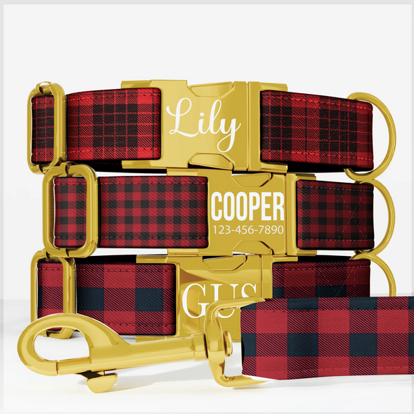 Red Plaid Personalized Dog Collar & Leash Set
