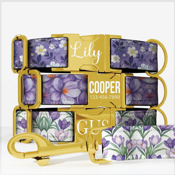 Purple Wildflower Personalized Dog Collar and Leash Handmade Lavender Pet Collar Custom Dog Accessories Small Medium Large Dogs