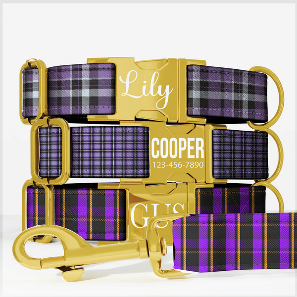 Purple Plaid Gingham Personalized Dog Collar & Leash