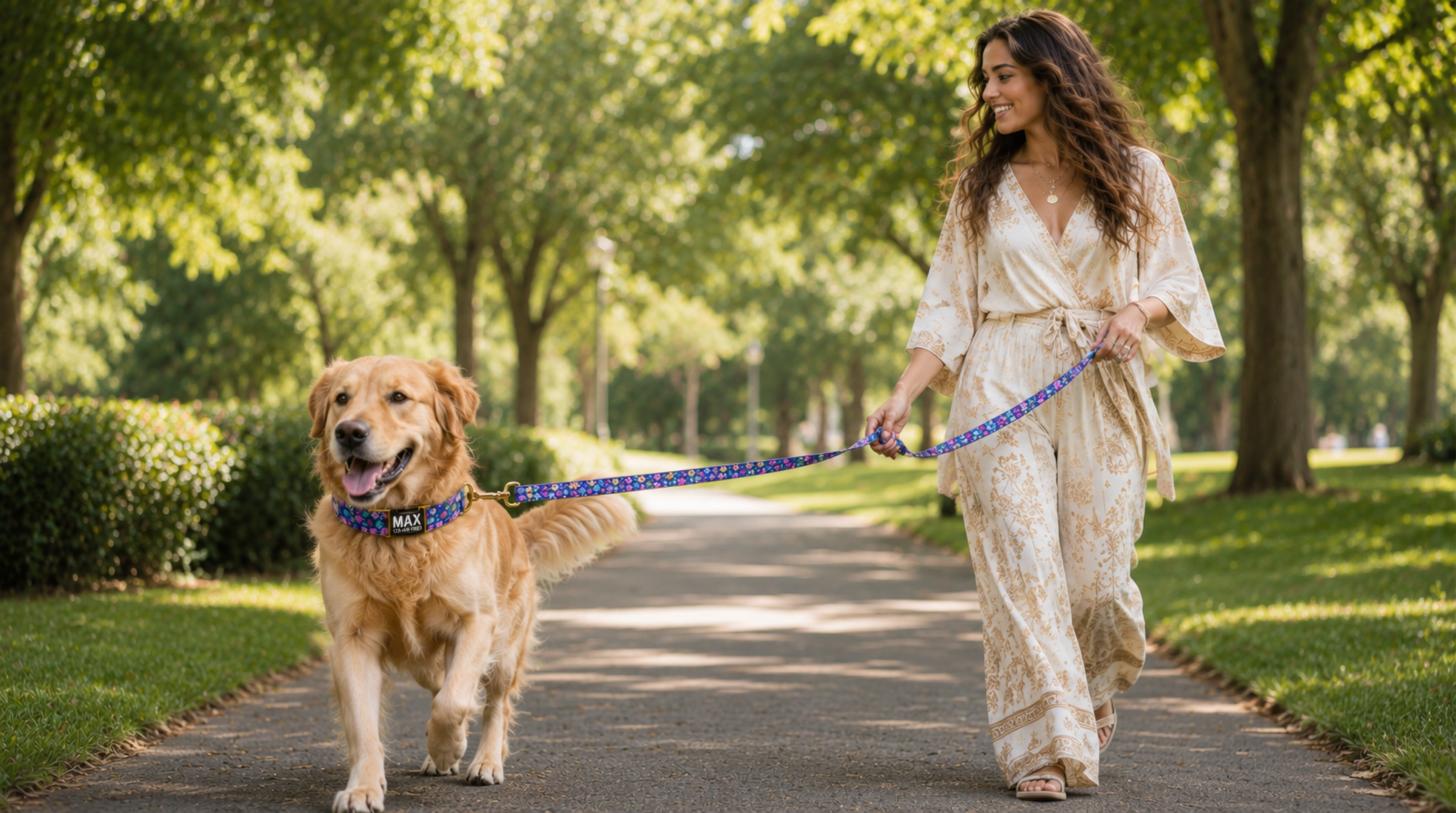 Golden retriever wearing a personalized engraved collar, running ahead of its laughing owner in a sunlit park