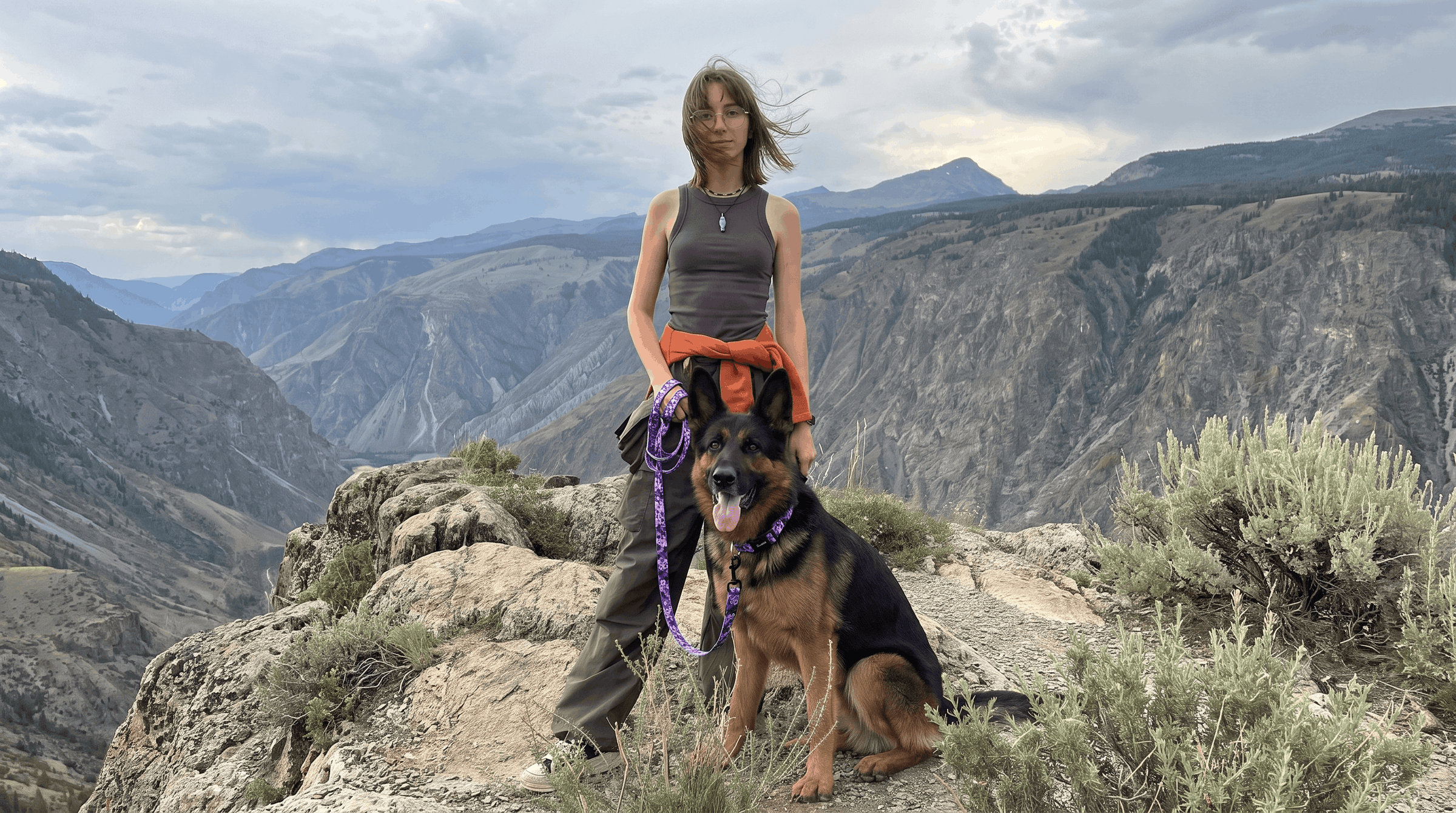 Husky wearing a personalized engraved collar, sitting on a canyon-edge overlook with its owner
