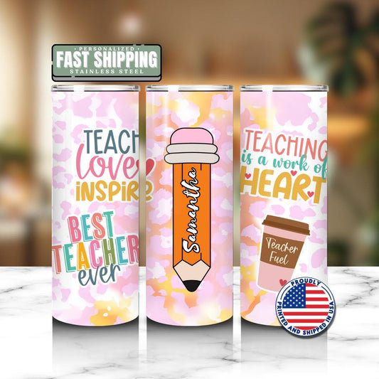 Personalized Teacher 20oz Skinny Tumbler with Straw Pencil Fuel Design Teacher Gifts for Appreciation Week Teacher Tumbler Back to School