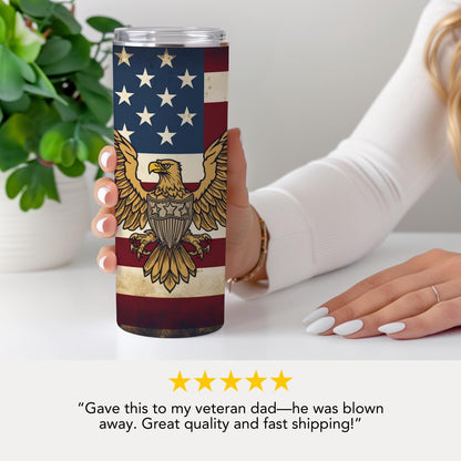Patriotic US American Flag Tumbler 20oz Skinny Tumbler USA Eagle & Anchor Design Veteran Gift Cup Independence Day Drinkware 4th of July Cup