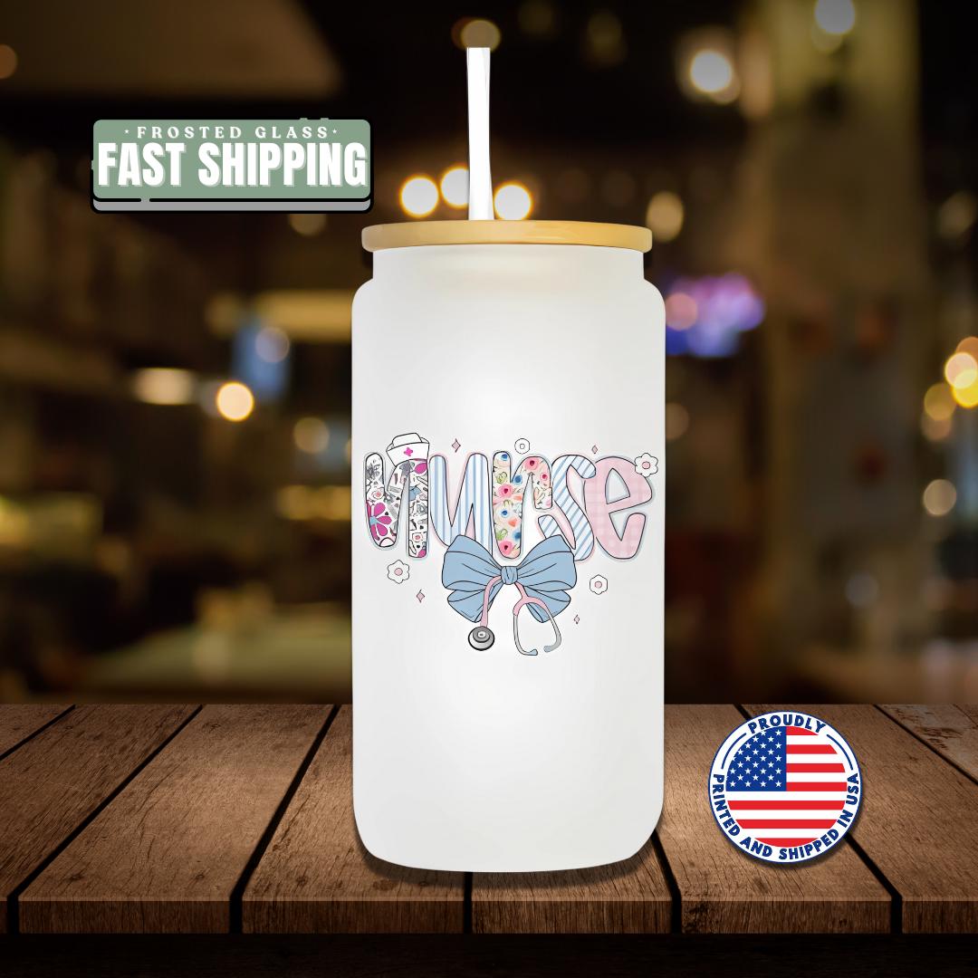 Nurse Life 16oz Frosted Glass Tumbler with Bamboo Lid & Straw Cute Medical Themed Iced Coffee Cup Aesthetic Nurse Gift Nurse Appreciation