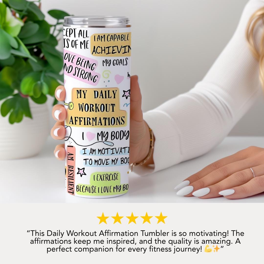 Daily Workout Affirmation 20oz Skinny Tumbler with Straw Cute Fitness Gift Tumbler Gym Travel Coffee Cup Motivational Tumbler Workout Cup