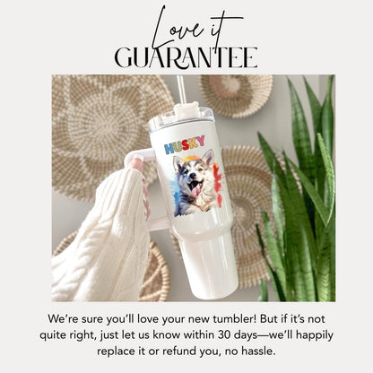 Husky Dog Tumbler with Colorful Watercolor Dog Design 40oz Tumbler with Handle & Straw Husky Pet Memorial Cup Gift for Boxer Mom Boxer Dad