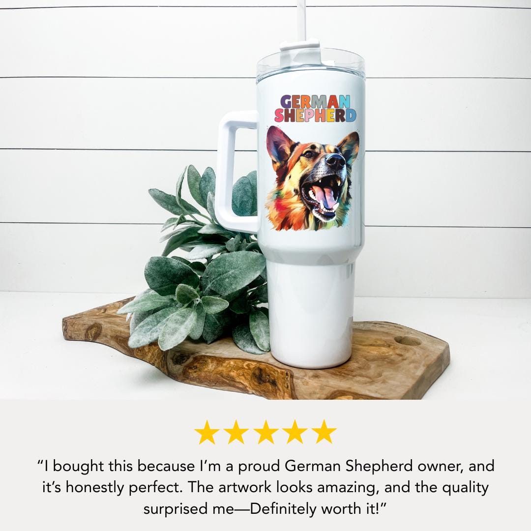 German Shepherd Dog Tumbler with Colorful Watercolor Dog Design 40oz Tumbler with Handle & Straw GSD Pet Memorial Cup Gift for GSD Lovers