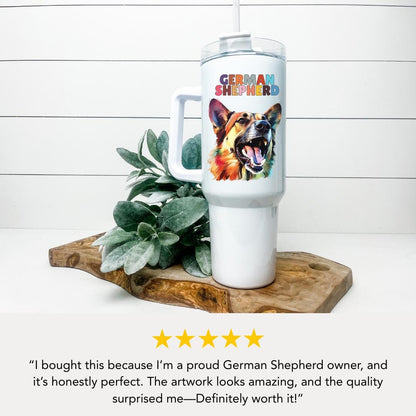German Shepherd Dog Tumbler with Colorful Watercolor Dog Design 40oz Tumbler with Handle & Straw GSD Pet Memorial Cup Gift for GSD Lovers