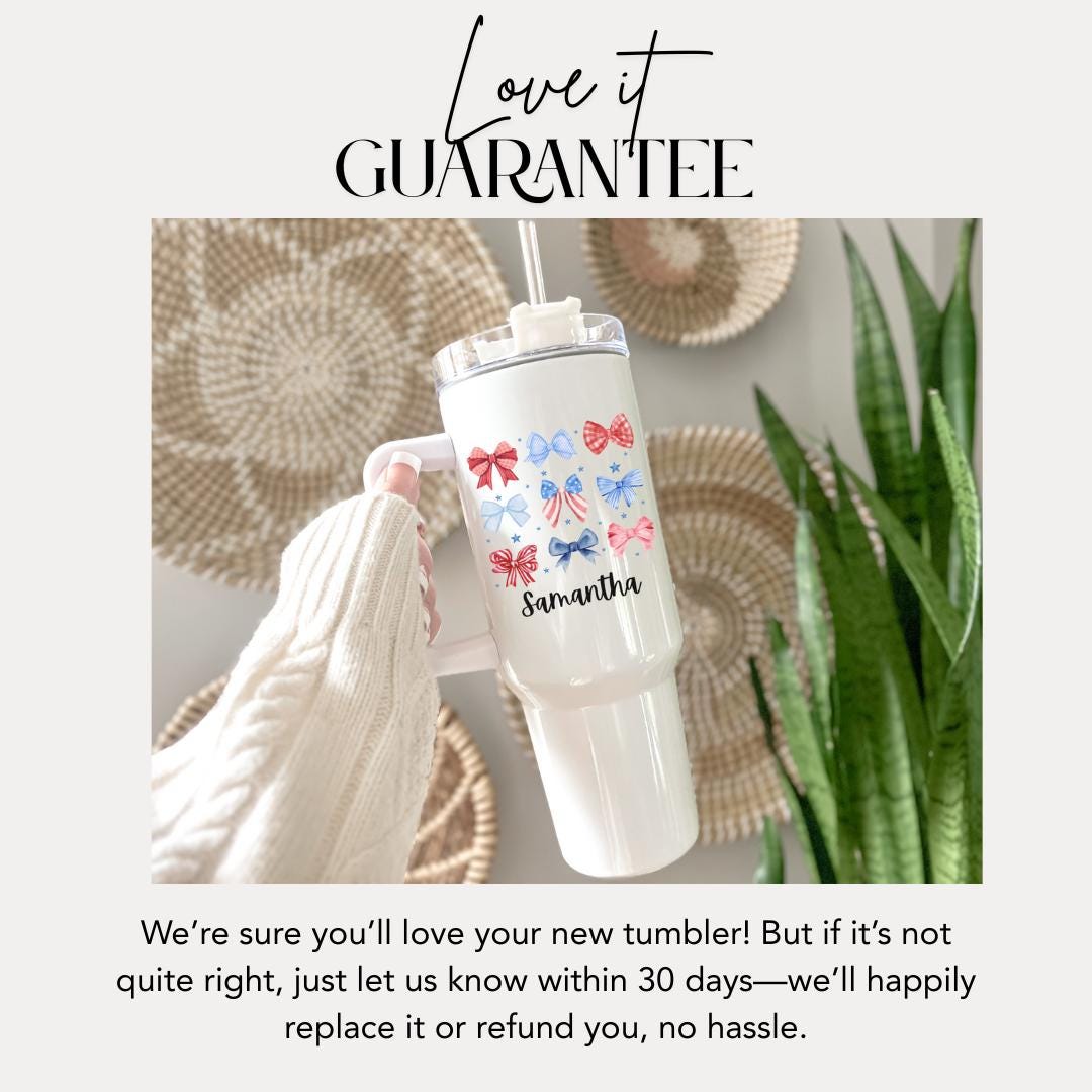 Patriotic Bows Tumbler Custom Name 40 oz Cup Gift with Handle & Straw Cute 4th of July Gift for Women, Girls, Teens Iced Coffee Travel Cup